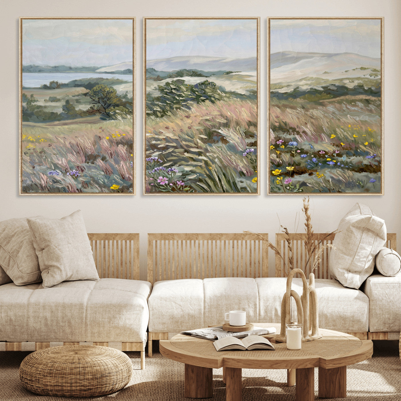 18013232-MGV-CV-36X24 - Katie Staples Hillside Canvas Wall Art — Coastal Wildflower Dune Oil Painting Print | Muted Green Nature Decor | Plein Air Landscape Gift