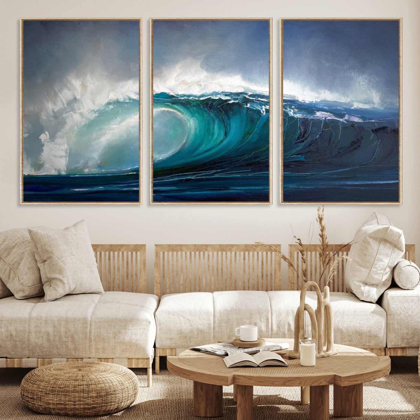 35491180-MGV-CV-60X30-3P - Ocean Wave Canvas Wall Art, Dramatic Teal Blue Seascape Oil Painting Print, Stormy Sea Coastal Decor, Large Beach House Art, Surf Wave Statement Art