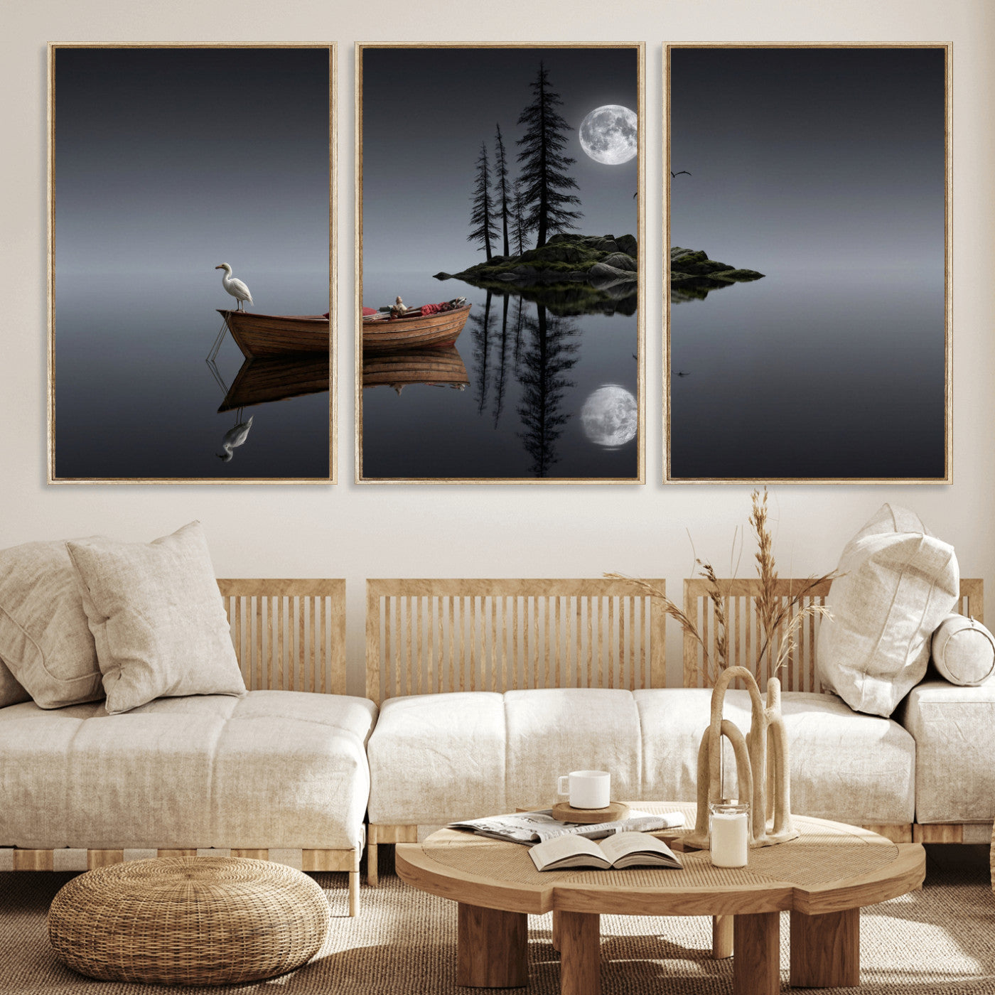 68839391D-MGV-CV-60X30-3P - Moonlit Lake Canvas Wall Art, Dreamy Boat Heron Full Moon Night Print, Dark Fantasy Nature Decor, Moody Bedroom Art, Surreal Landscape Wall Art