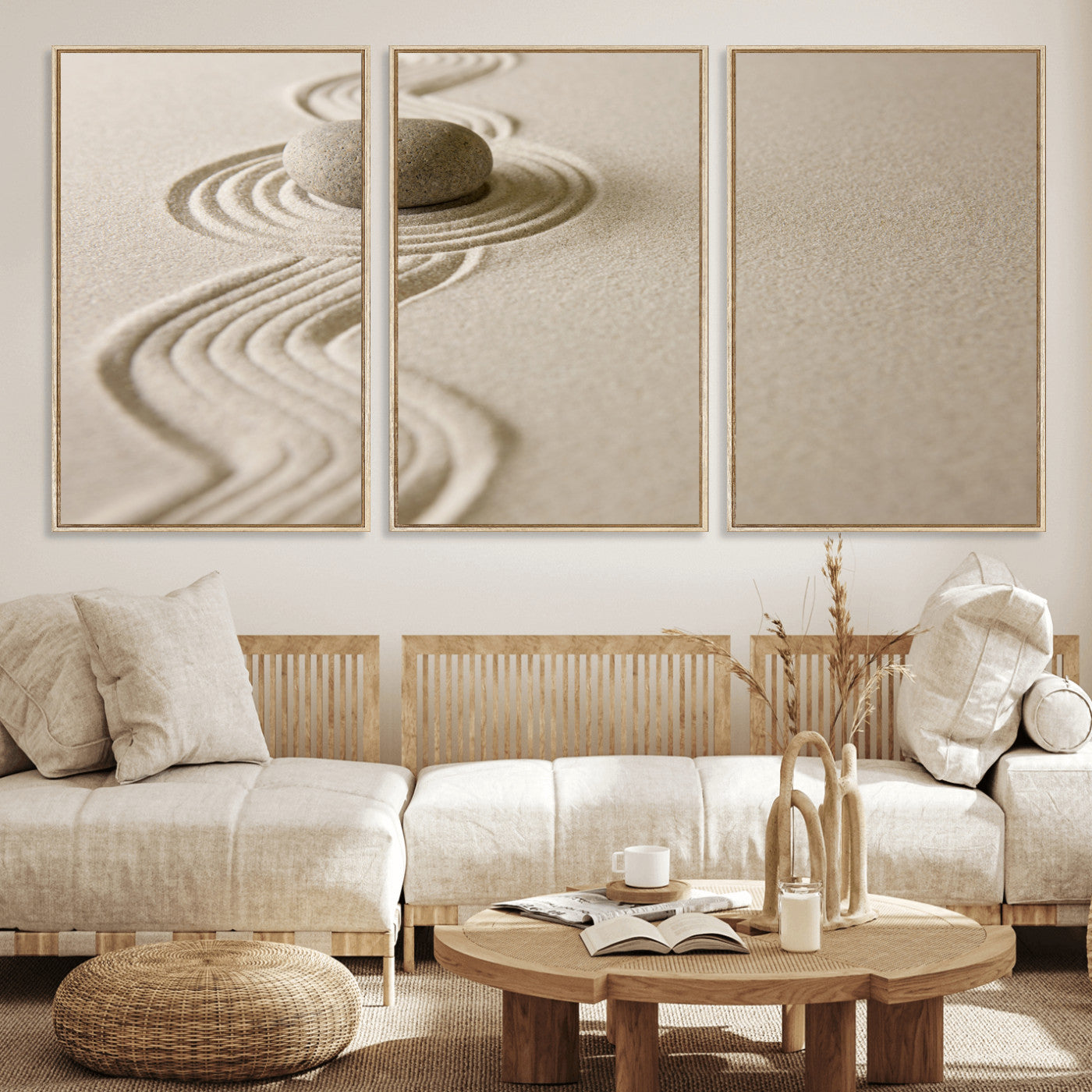 66852661-MGV-CV-36X24 - Zen Garden Stone Sand Canvas | Japanese Rock Garden Wall Art | Minimalist Meditation Print | Neutral Beige Mindfulness Decor