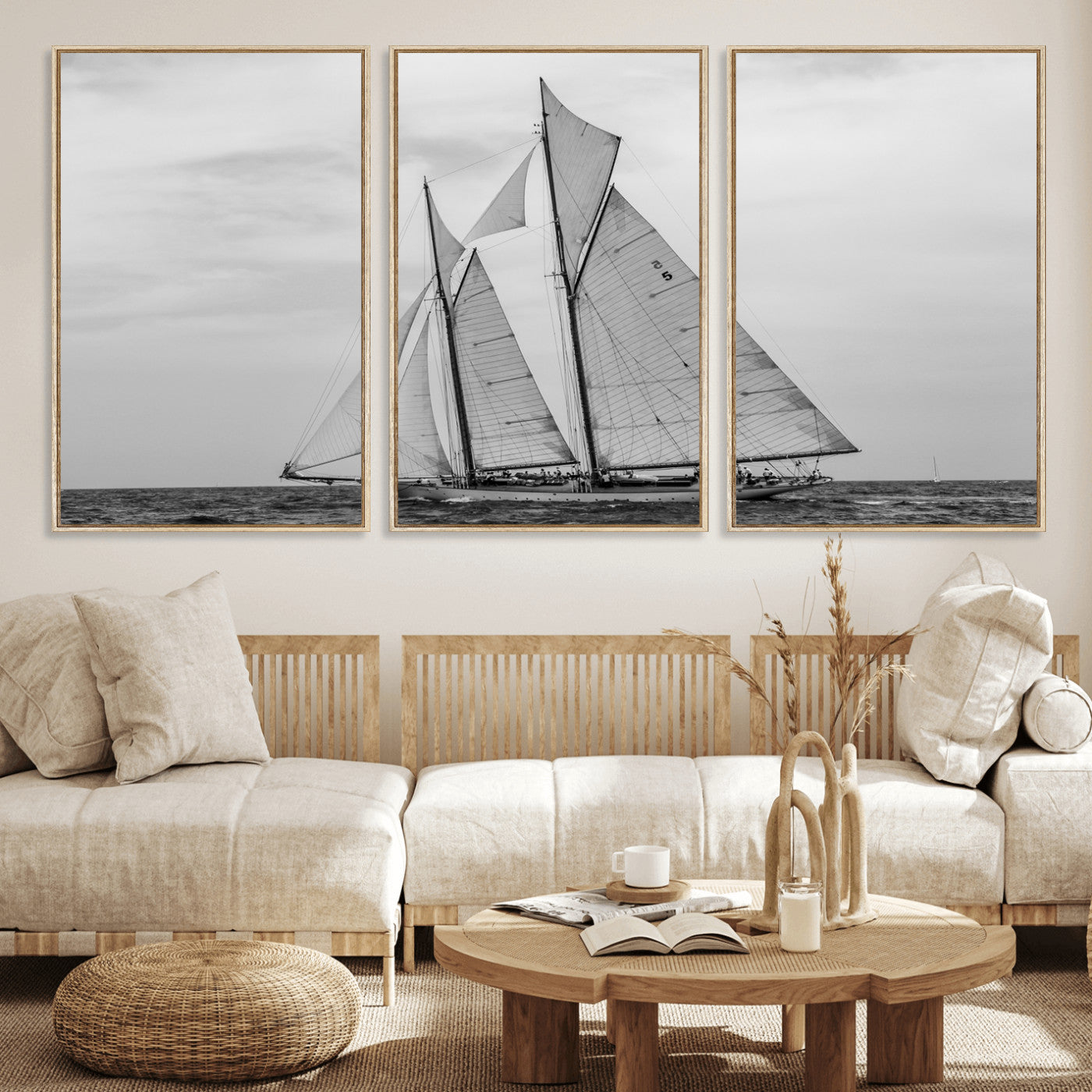 52882918-MGV-CV-36X24 - Vintage Sailboat Wall Art Canvas Print, Black and White Schooner Framed Artwork, Nautical Ocean Sailing Decor for Living Room Office Beach House