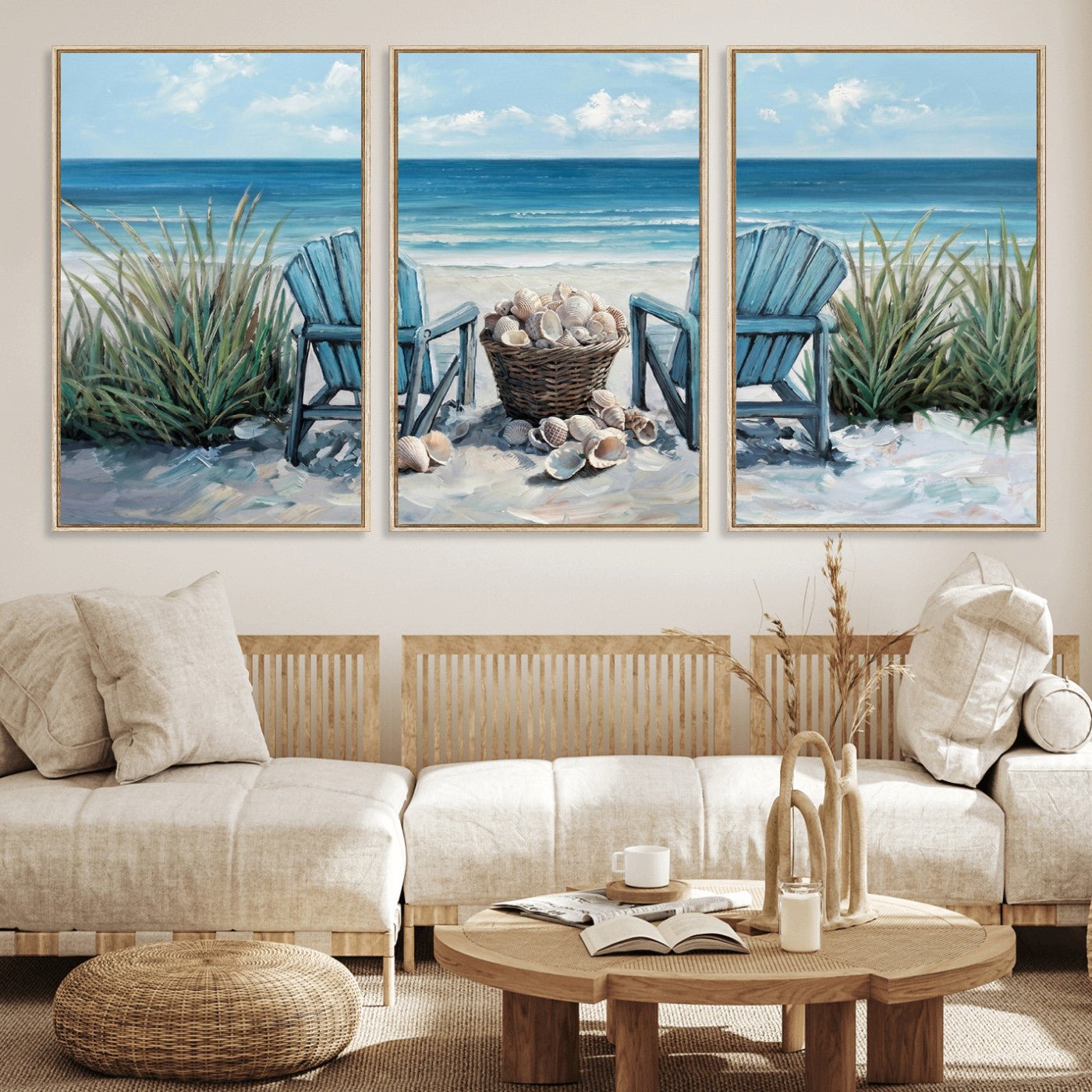 11973028-MGV-CV-36X24 - Beach Canvas Wall Art Coastal Adirondack Chairs Ocean Seashells Blue Nautical Framed Large for Living Room Bedroom Bathroom Decor