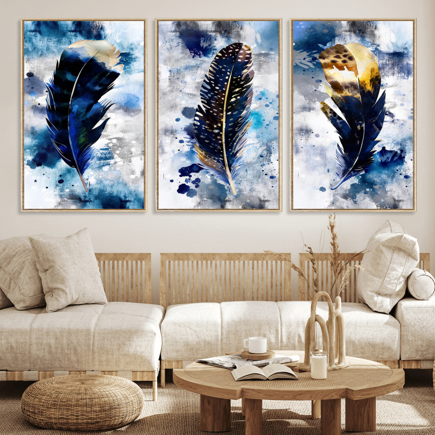 74325132F-MGV-CV-60X30-3P - Feather Canvas Wall Art Navy Blue Gold Watercolor Abstract Boho Eclectic Framed Large for Living Room Bedroom Office Entryway Decor