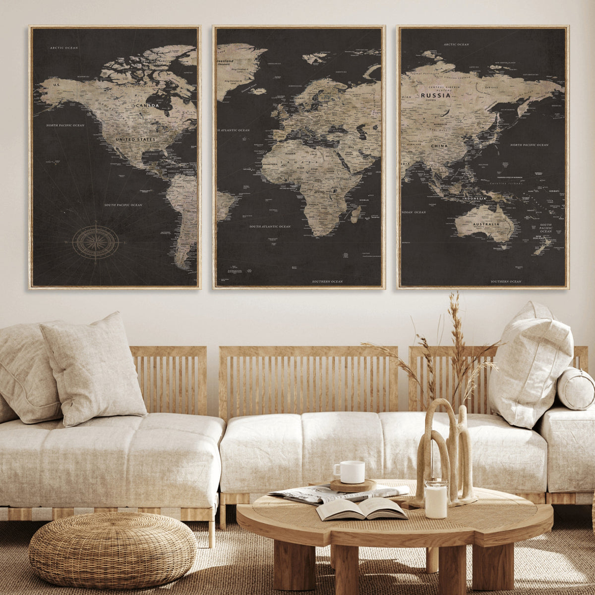 56556018136-MGV-CV-36X24 - World Map Canvas Wall Art Dark Charcoal Antique Tan Detailed