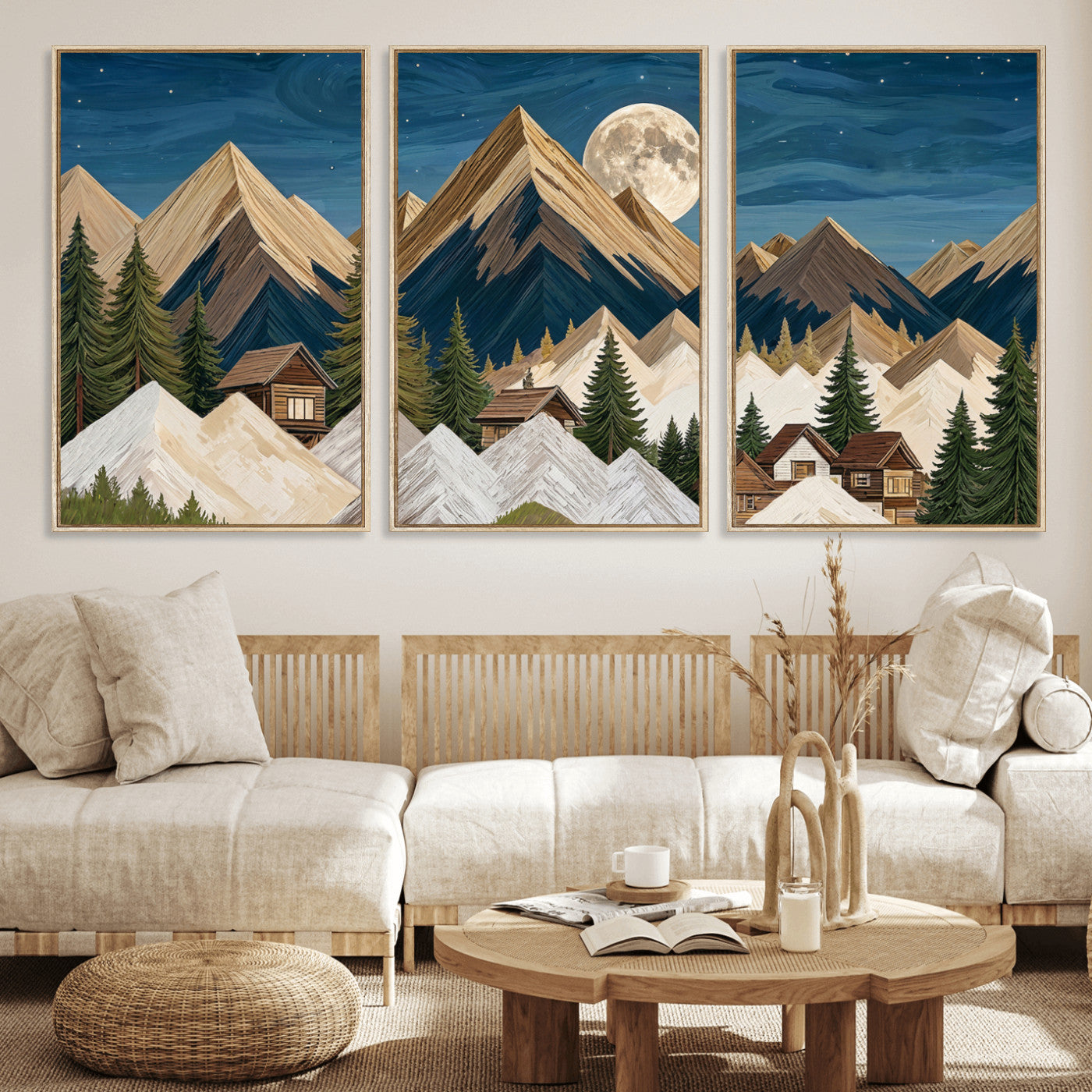 17622011MO-MGV-CV-60X30-3P - Moonlit Mountain Cabin Wall Art Canvas Print, Rustic Mountain Landscape Canvas Print, Woodland Cabin Wall Decor, Framed Nature Artwork Ready to Hang