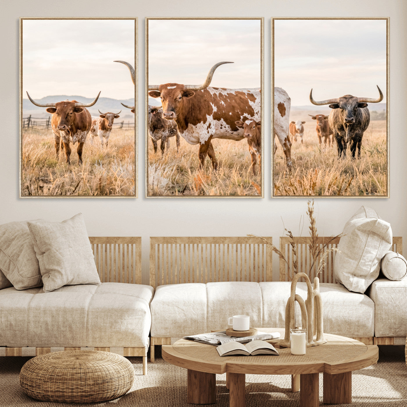 62336425AC-MGV-CV-36X24 - Texas Longhorn Canvas Wall Art, Rustic Farm Animal Photography Print, Farmhouse Country Decor, Western Ranch Art