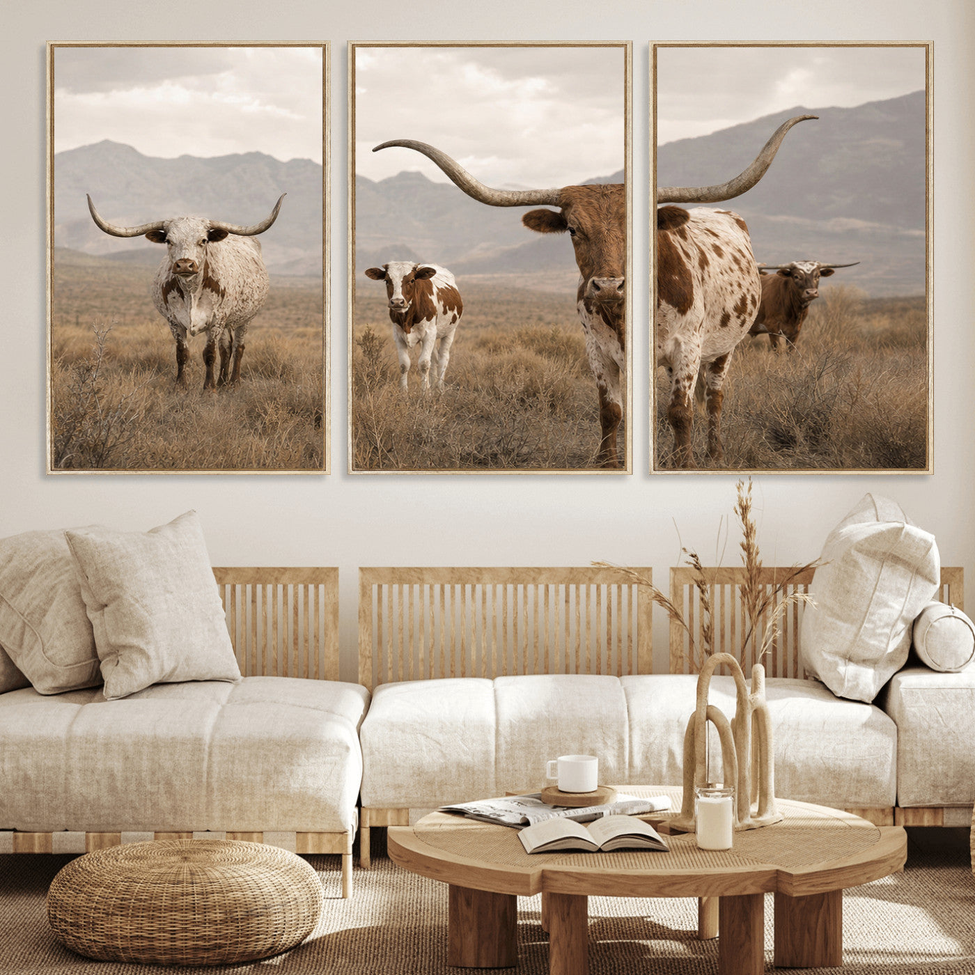 62336425AD-MGV-CV-36X24 - Rustic Texas Longhorn Cow Canvas Wall Art Print, Rustic Farm Animal Photography Print, Farmhouse Country Decor, Western Ranch Art