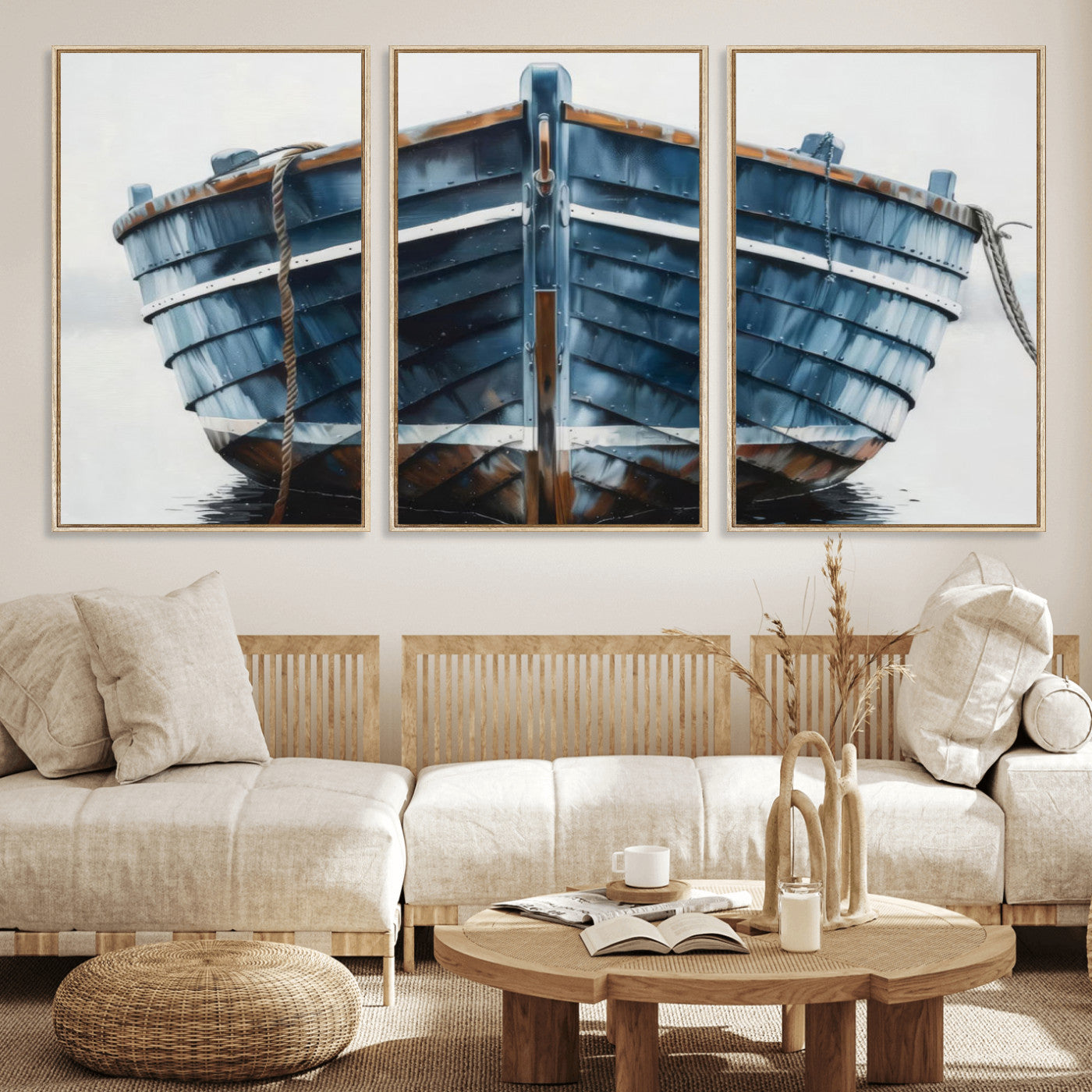 21601740-MGV-CV-36X24 - Blue Wooden Rowboat Canvas Wall Art, Coastal Nautical Boat Painting Print for Lake Beach House Decor, Minimalist Maritime Decor Artwork
