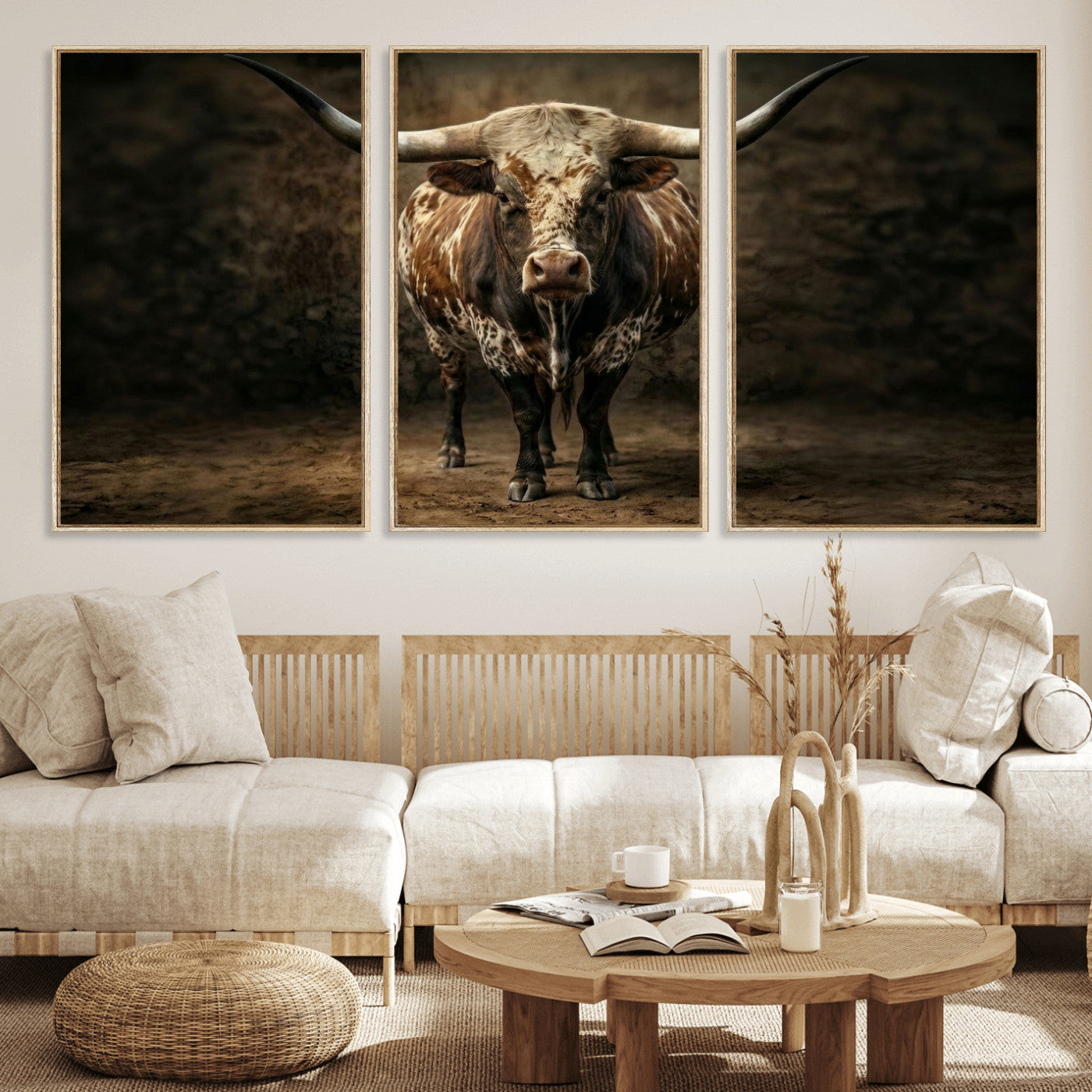 59378683-MGV-CV-60X30-3P - Texas Longhorn Bull Canvas Wall Art, Western Ranch Cattle Photography Print, Rustic Farmhouse Cowboy Decor Artwork
