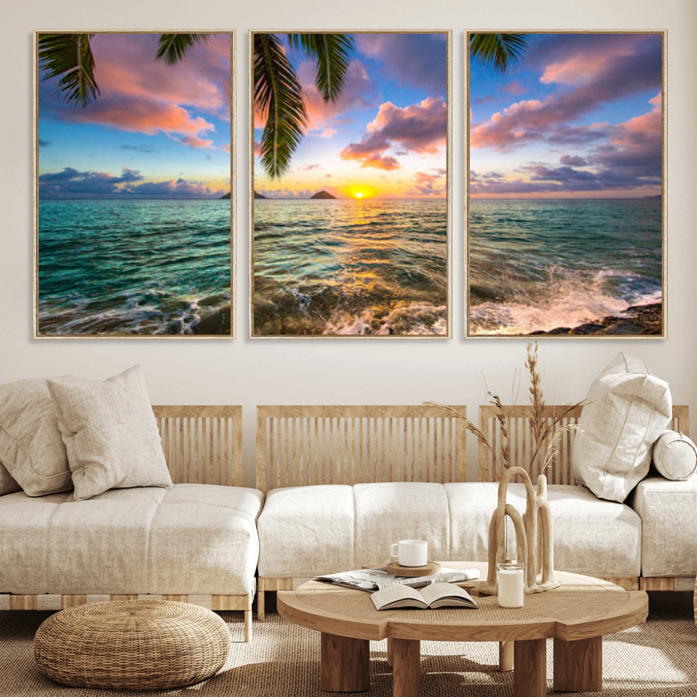 13207742-MGV-CV-36X24 - Hawaii Beach Sunset Canvas Wall Art Print, Tropical Ocean Landscape Artwork, Palm Tree Coastal Decor for Living Room Bedroom