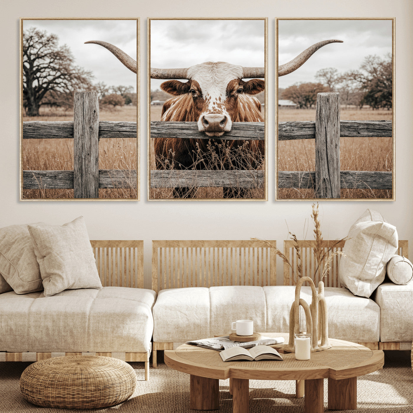 59378683N-MGV-CV-60X30-3P - Farmhouse Texas Longhorn Bull Canvas Wall Art, Western Ranch Cattle Photography Print, Rustic Barn Cowboy Decor Artwork