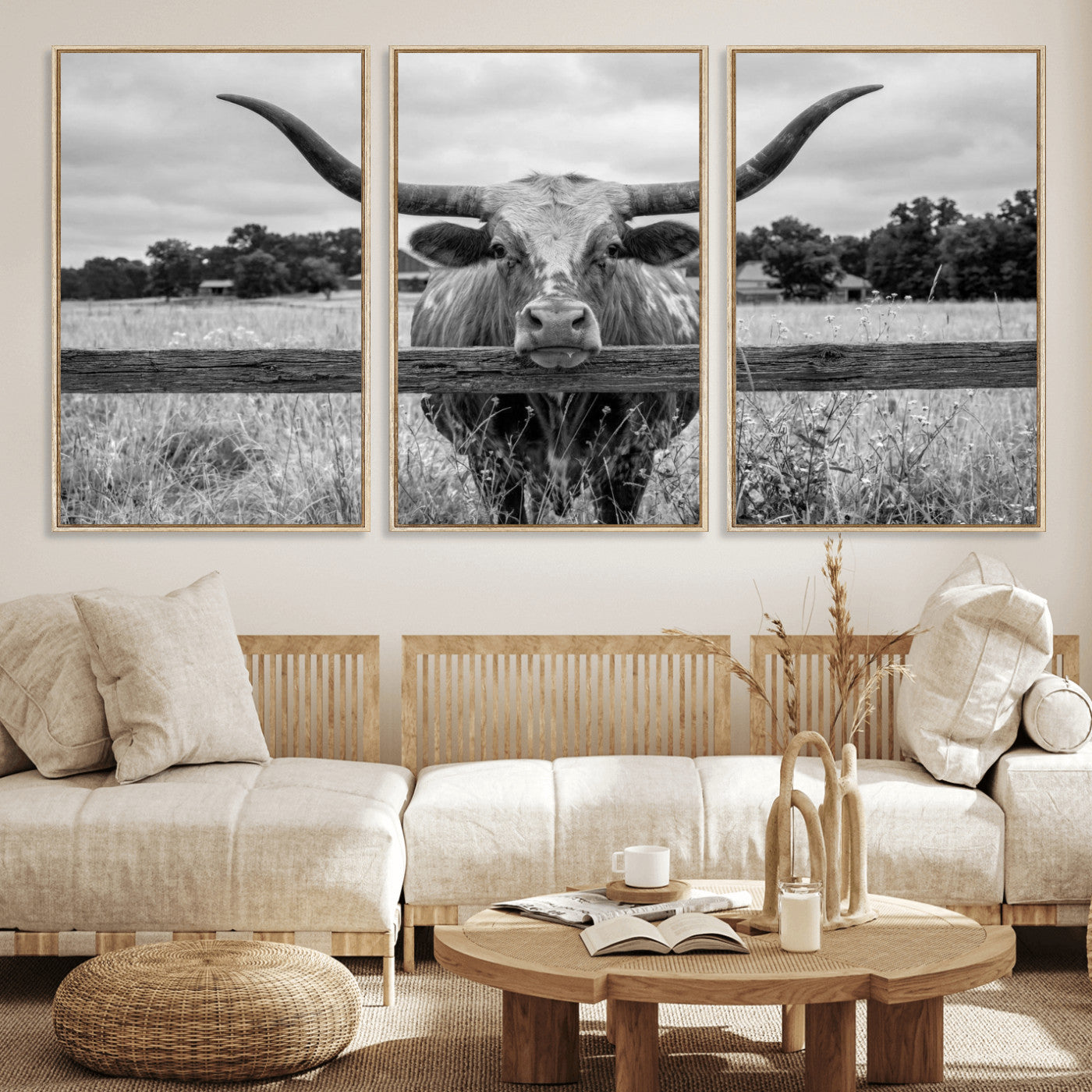 59378683-MGV-CV-60X30-3P - Black White Texas Longhorn Bull Canvas Wall Art, Western Ranch Cattle Photography Print, Rustic Farmhouse Cowboy Decor Artwork