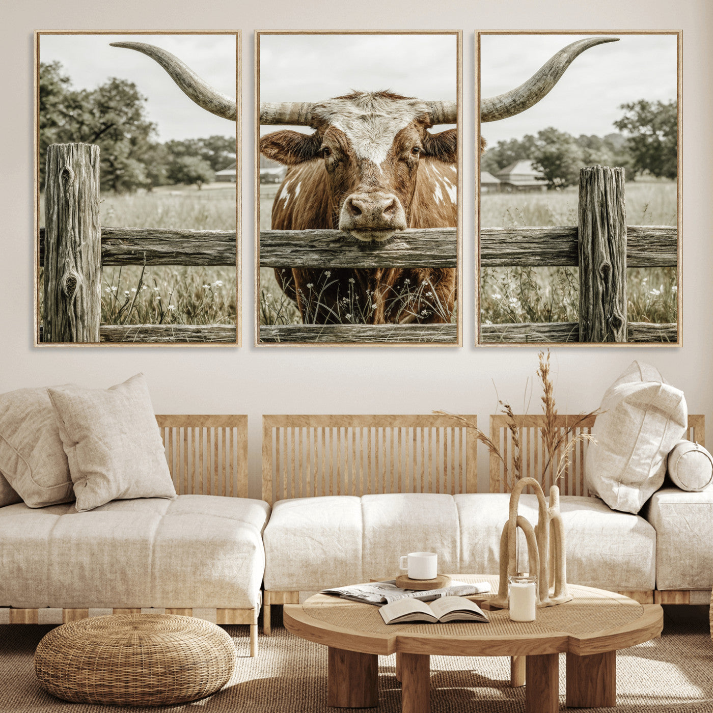 59378683M-MGV-CV-60X30-3P - Large Farmhouse Texas Longhorn Bull Canvas Wall Art, Western Ranch Cattle Photography Print, Rustic Barn Cowboy Decor Artwork