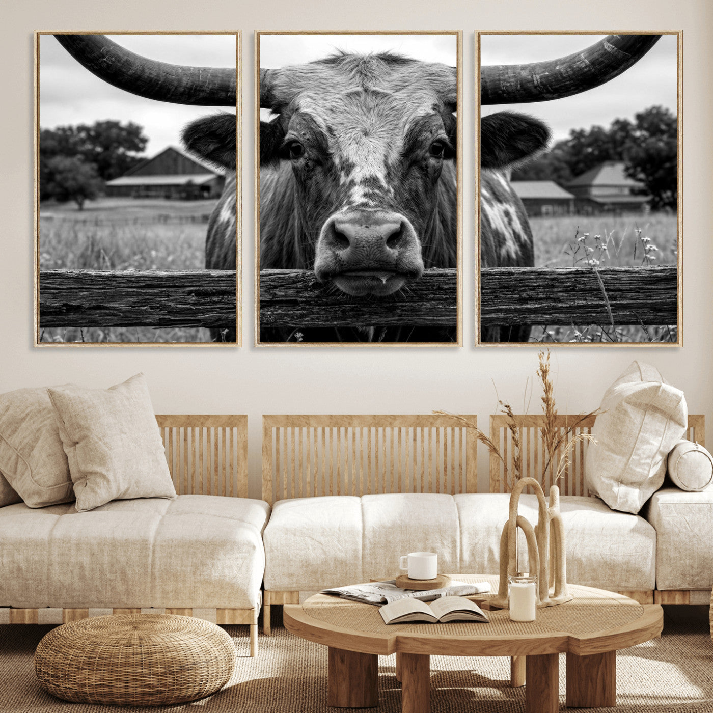 59378683B-MGV-CV-36X24 - Black White Texas Longhorn Bull Canvas Wall Art, Western Ranch Cattle Photography Print, Rustic Farmhouse Cowboy Decor Artwork