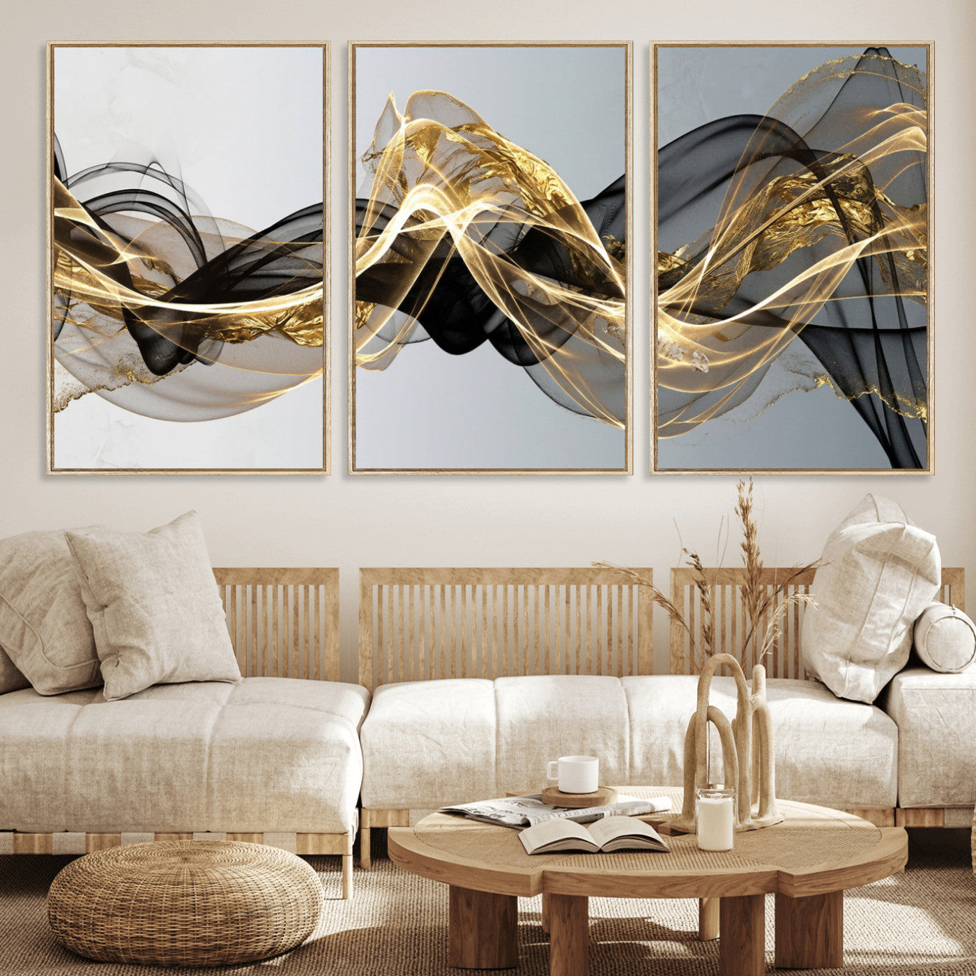 79483321DL-MGV-CV-36X24 - Black and Gold Abstract Wall Art, Modern Wave Canvas Print, Elegant Flowing Smoke Art, Luxury Living Room Decor