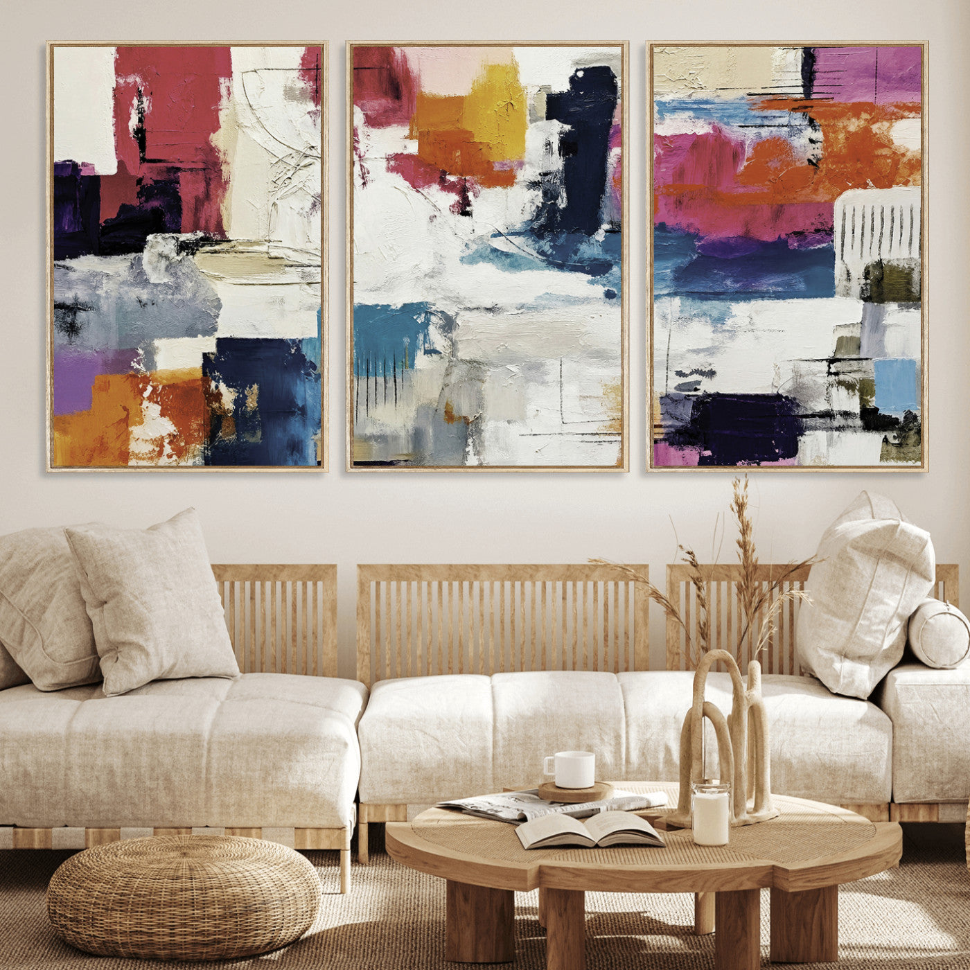 57864023-MGV-CV-36X24 - Blue Teal Abstract Canvas Wall Art, Modern Textured Painting Print, Navy Orange White Contemporary Art, Neutral Living Room Decor, Office Art