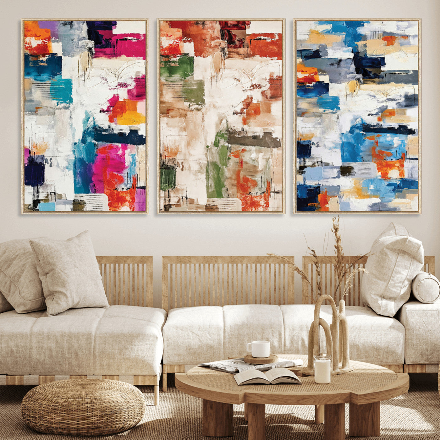 33267833-MGV-CV-60X30-3P - Blue Teal Abstract Canvas Wall Art, Modern Textured Painting Print, Navy Orange White Contemporary Art, Neutral Living Room Decor, Office Art