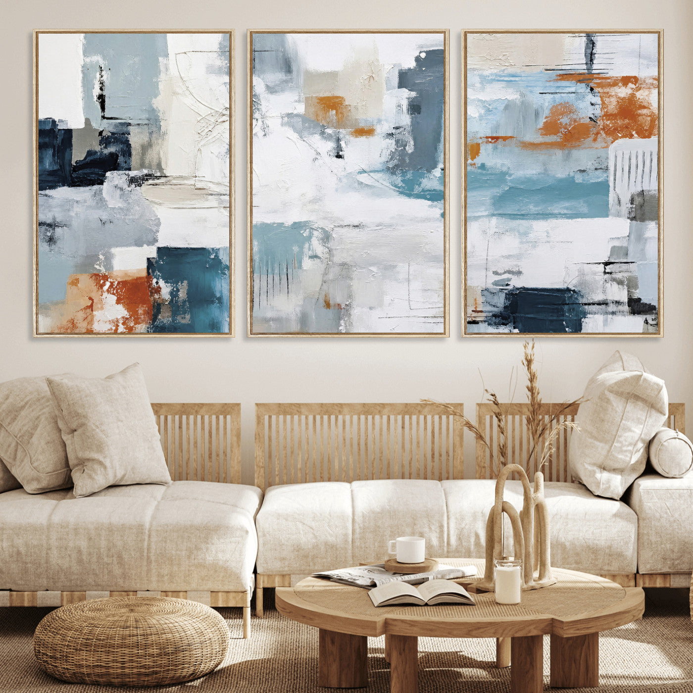 98638479-MGV-CV-36X24 - Blue Teal Abstract Canvas Wall Art, Modern Textured Painting Print, Navy Orange White Contemporary Art, Neutral Living Room Decor, Office Art