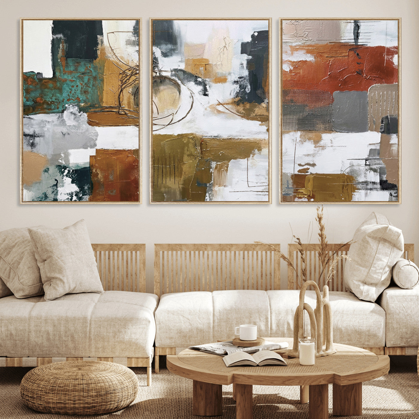 50720312-MGV-CV-36X24 - Blue Teal Abstract Canvas Wall Art, Modern Textured Painting Print, Navy Orange White Contemporary Art, Neutral Living Room Decor, Office Art