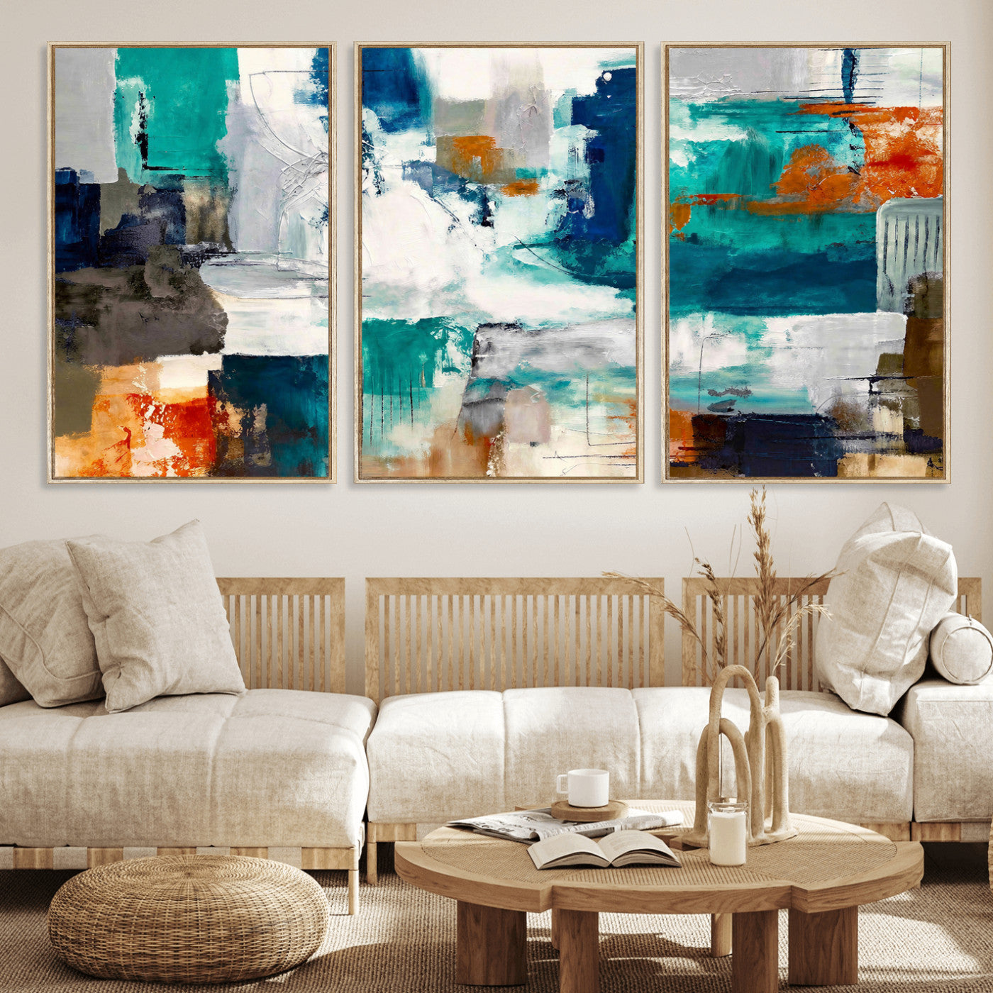 44038089-MGV-CV-36X24 - Blue Teal Abstract Canvas Wall Art, Modern Textured Painting Print, Navy Orange White Contemporary Art, Neutral Living Room Decor, Office Art