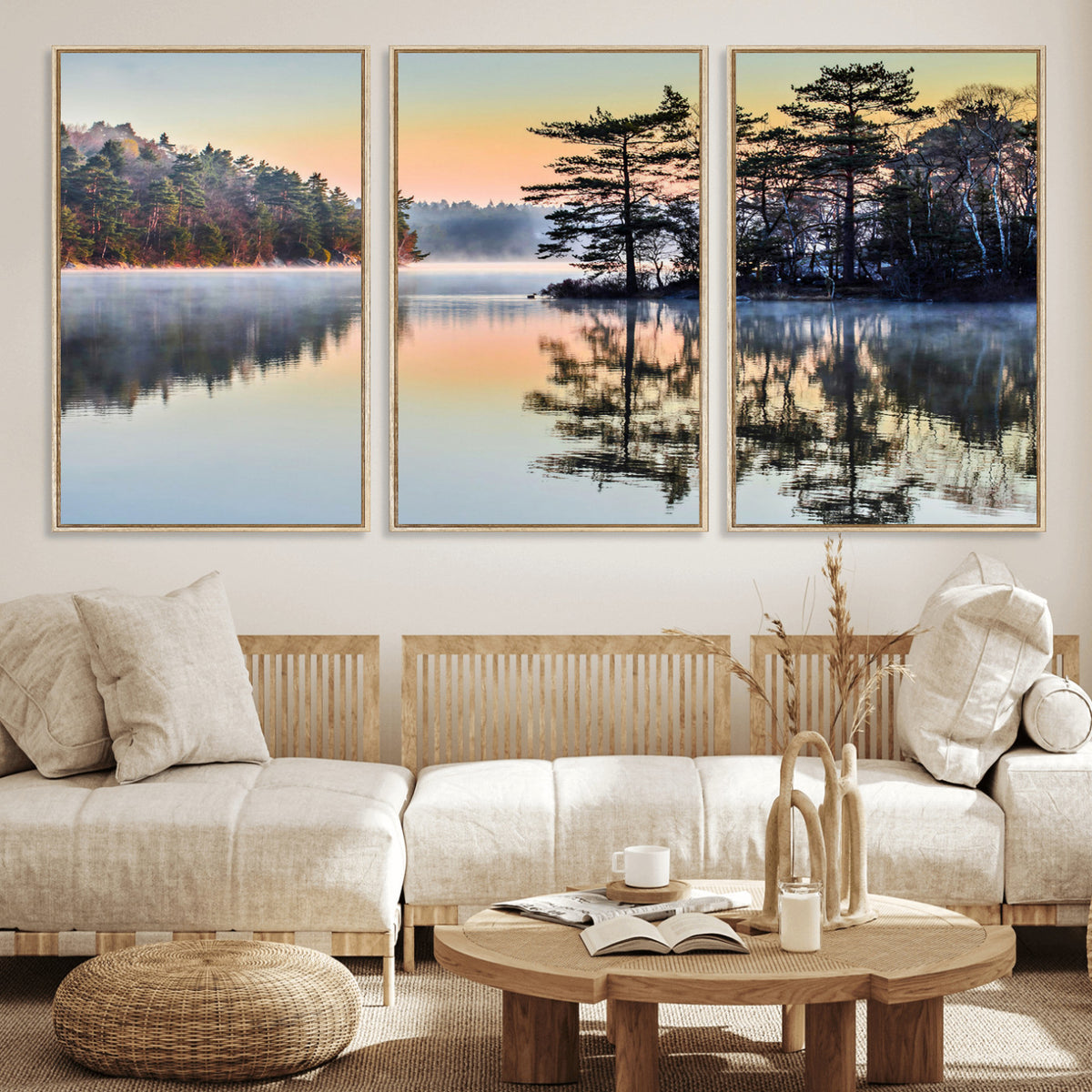 34236027-MGV-CV-36X24 - Before People Wake Canvas Wall Art Print, Misty Lake Sunrise Landscape, Forest Reflection Nature Decor, Ready to Hang