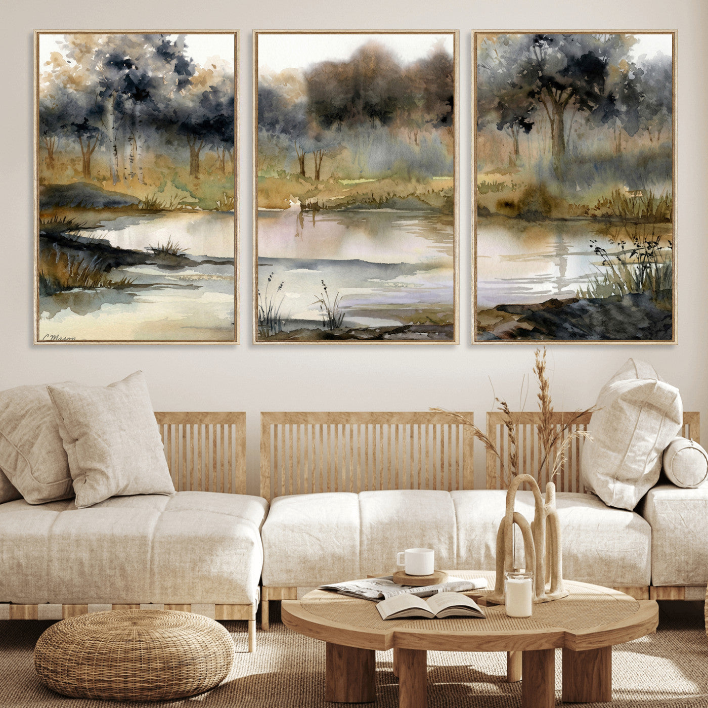 27383609-MGV-CV-36X24 - Abstract Watercolor Autumn Lake Canvas Wall Art Print - Misty Forest Landscape, Rustic Nature Painting, Cabin Wall Decor - Ready to Hang