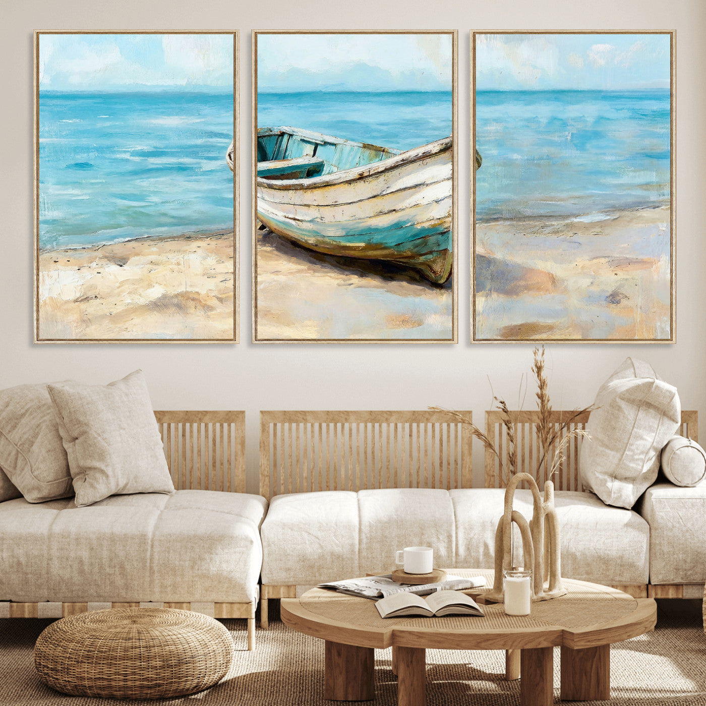 14780565-MGV-CV-36X24 - Coastal Boat Canvas Wall Art Print, Beach Boat Painting, Nautical Ocean Decor, Seascape Wall Art - Ready to Hang