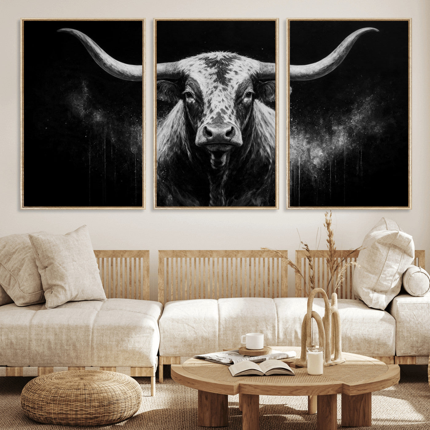 29671077-MGV-CV-60X30-3P - Texas Bull Cow Longhorn Canvas Wall Art Moody Western Bull Oil Painting Print