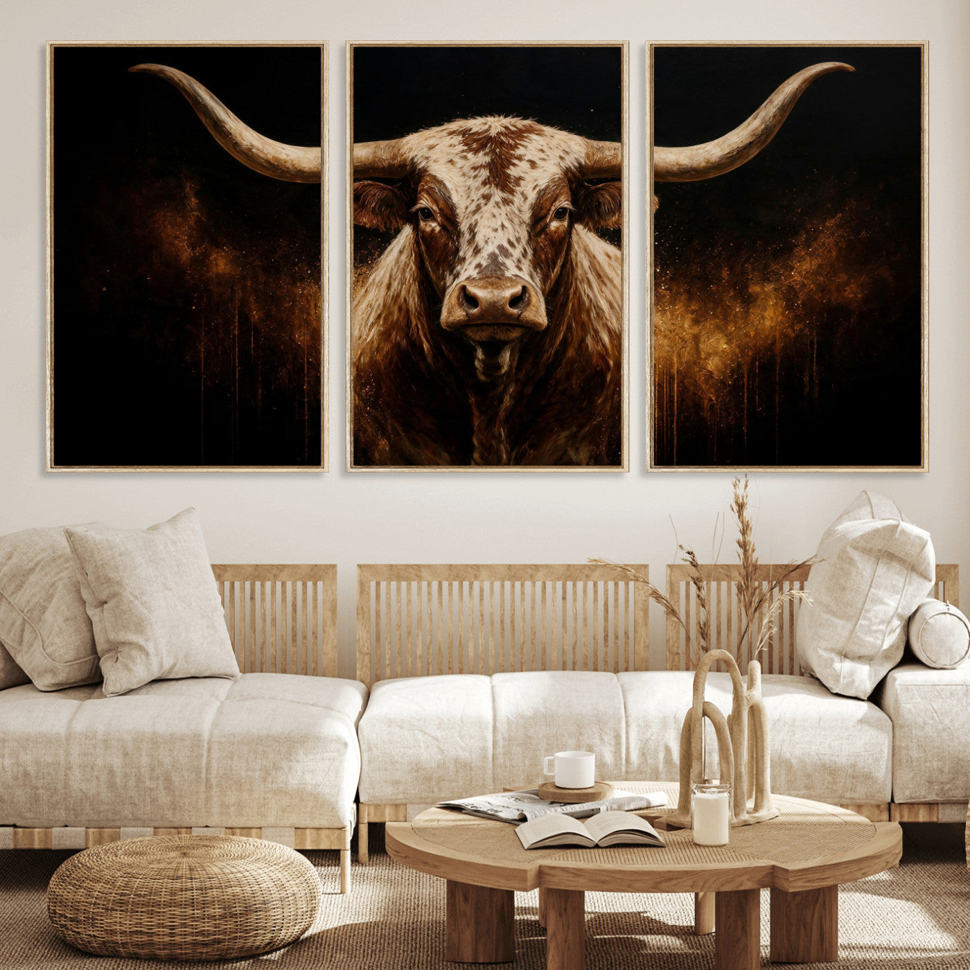 62076449-MGV-CV-48X32-3P - Texas Bull Cow Longhorn Canvas Wall Art Moody Western Bull Oil Painting Print