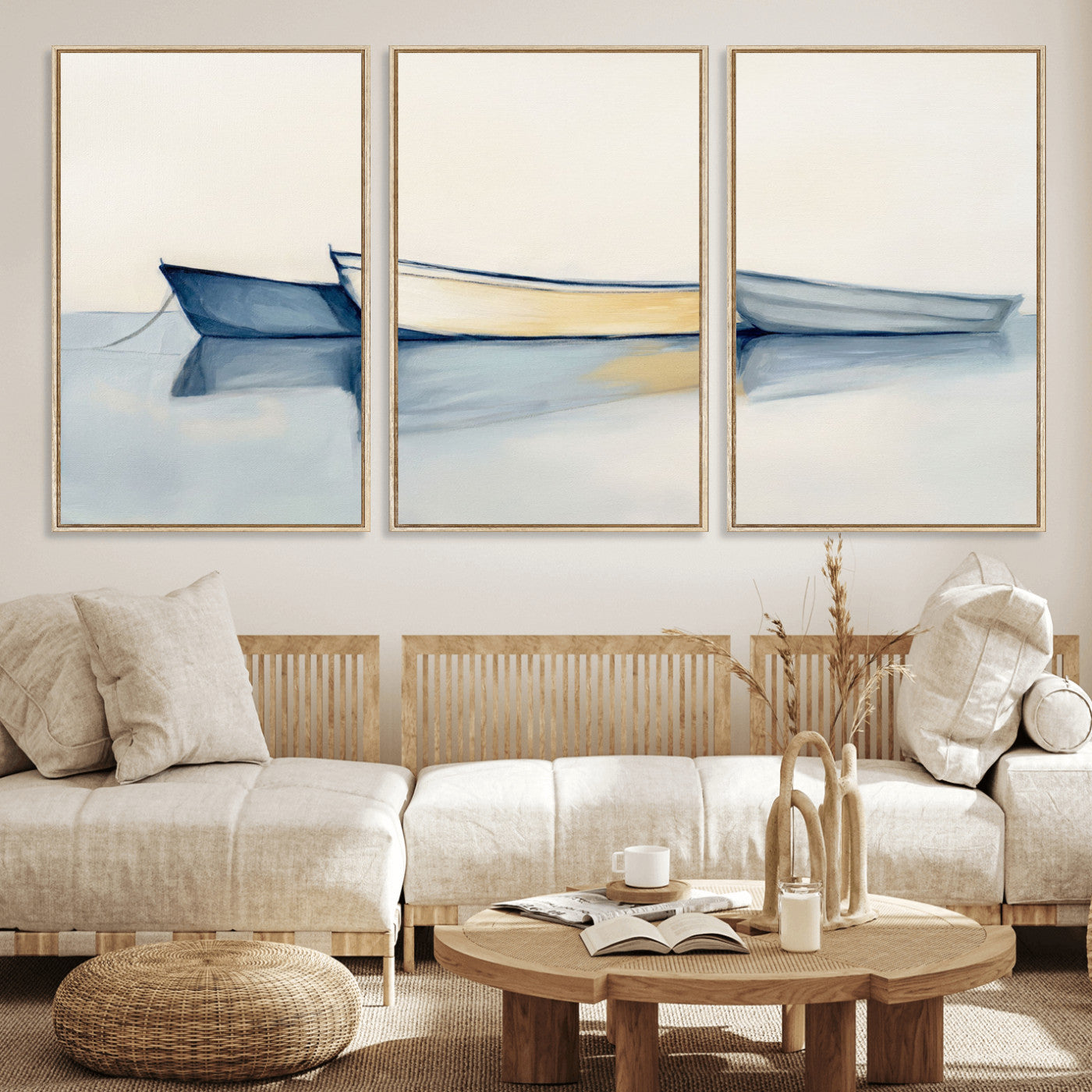84017361-MGV-CV-36X24 - Abstract Three Boats Reflecting on Water Wall Art Canvas Print - Minimalist Coastal Seascape