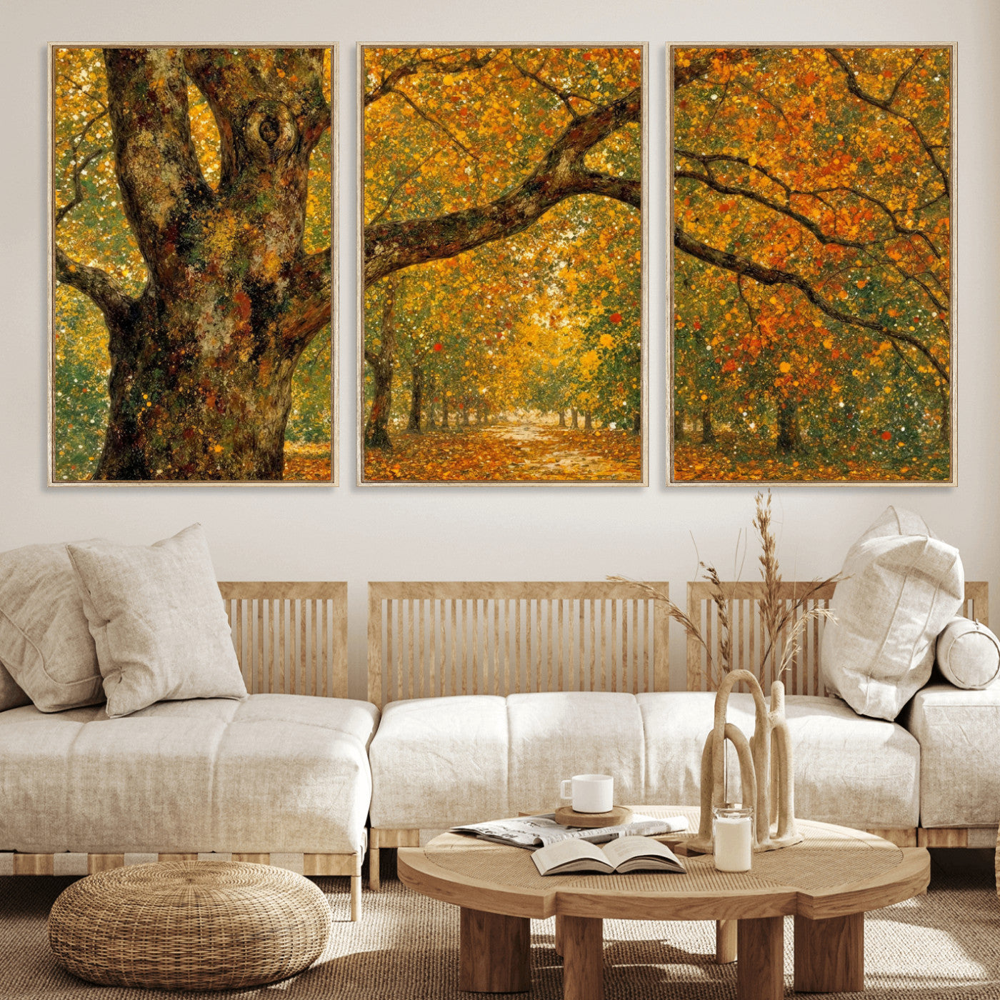 11536138-MGV-CV-36X24 - Vintage Autumn Forest Path Wall Art Canvas Print, Golden Leaves Impressionist Painting Print