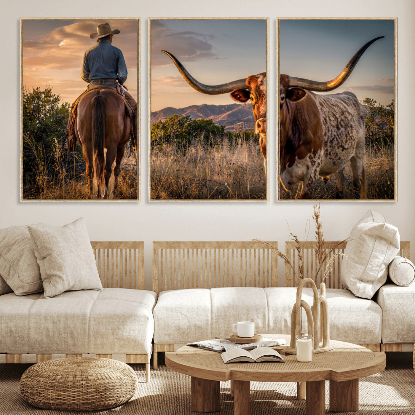 62076449-MGV-CV-60X30-3P - Texas Cow Bull Longhorn Cowboy Western Wall Art Decor for Farmhouse