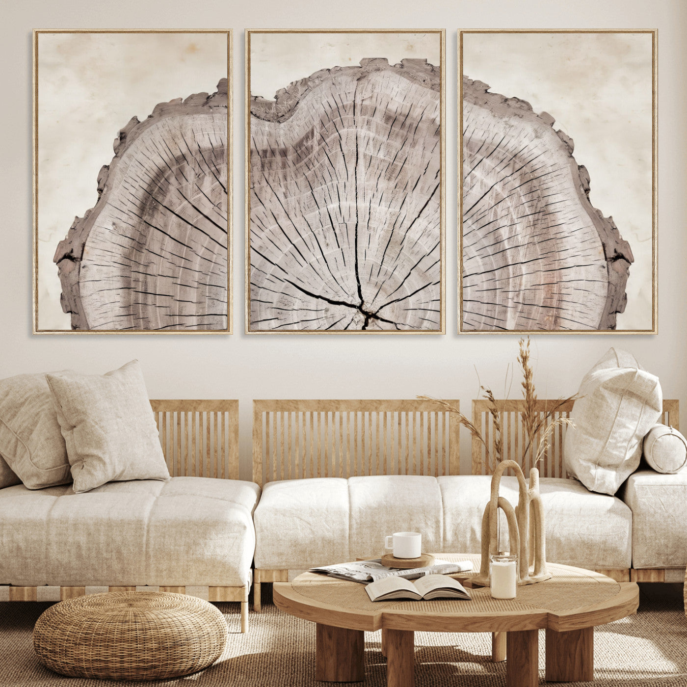 87833480-MGV-CV-60X30-3P - Tree Ring Canvas Wall Art in Neutral Earth Tones, Framed Wood Slice Print for Rustic and Japandi Interiors