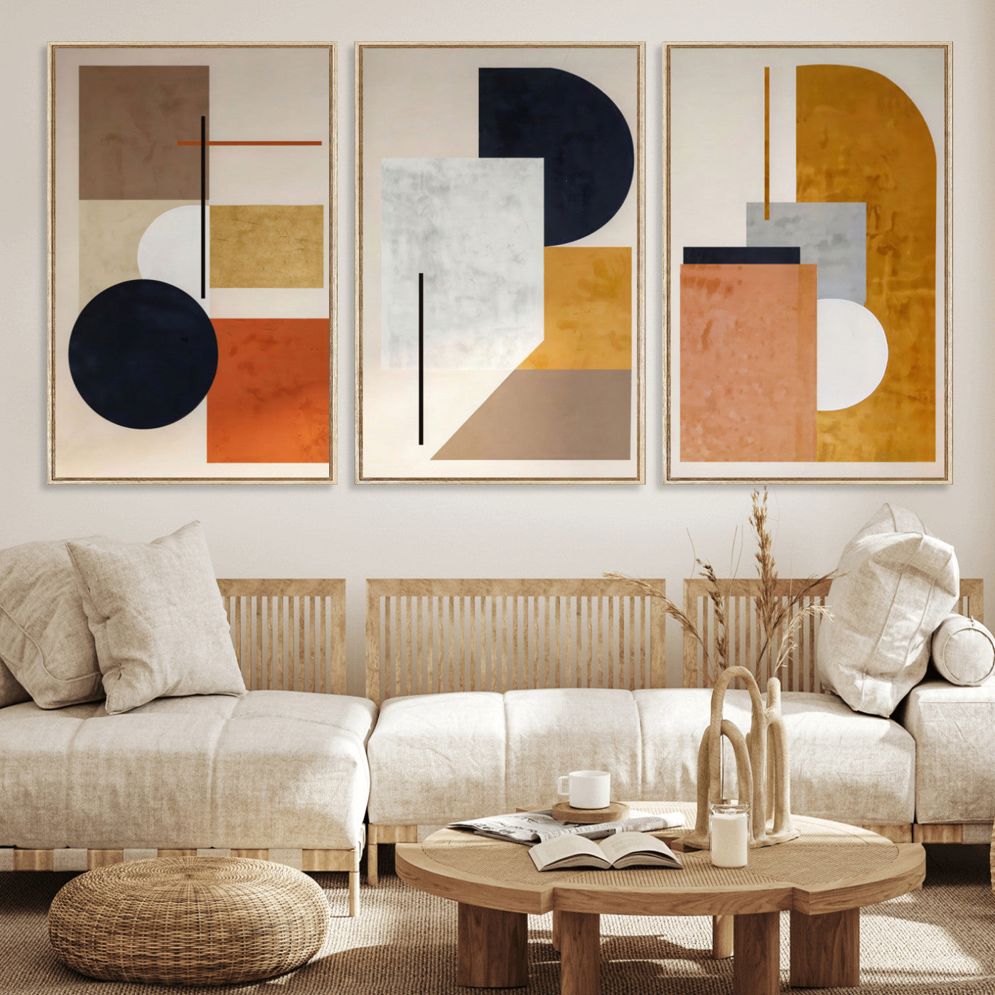 87361249-MGV-CV-48X32-3P - Mid Century Modern Geometric Canvas Wall Art, Abstract Triptych Print