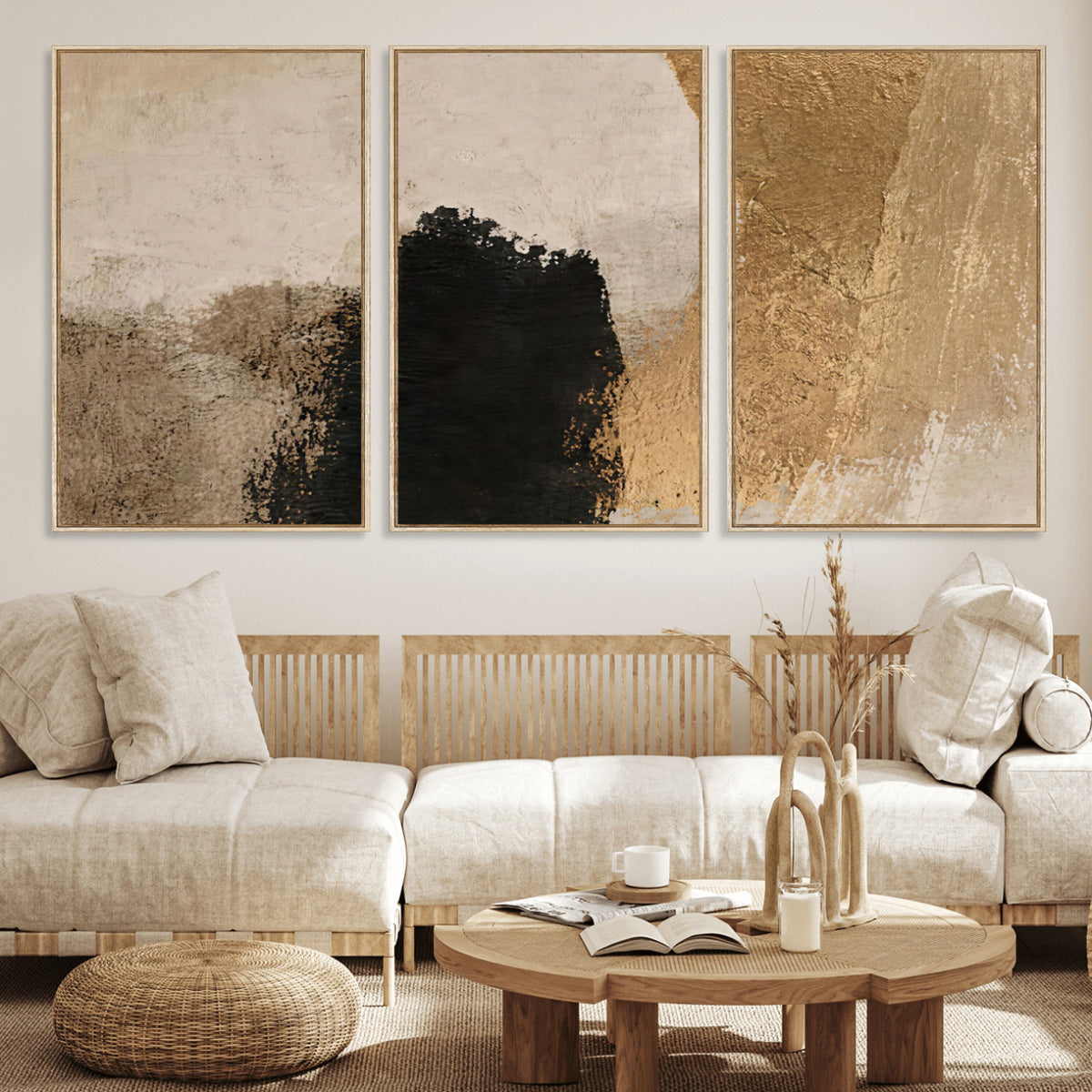 36003778-MGV-CV-48X32-3P - Mid Century Modern Geometric Canvas Wall Art, Abstract Triptych Print