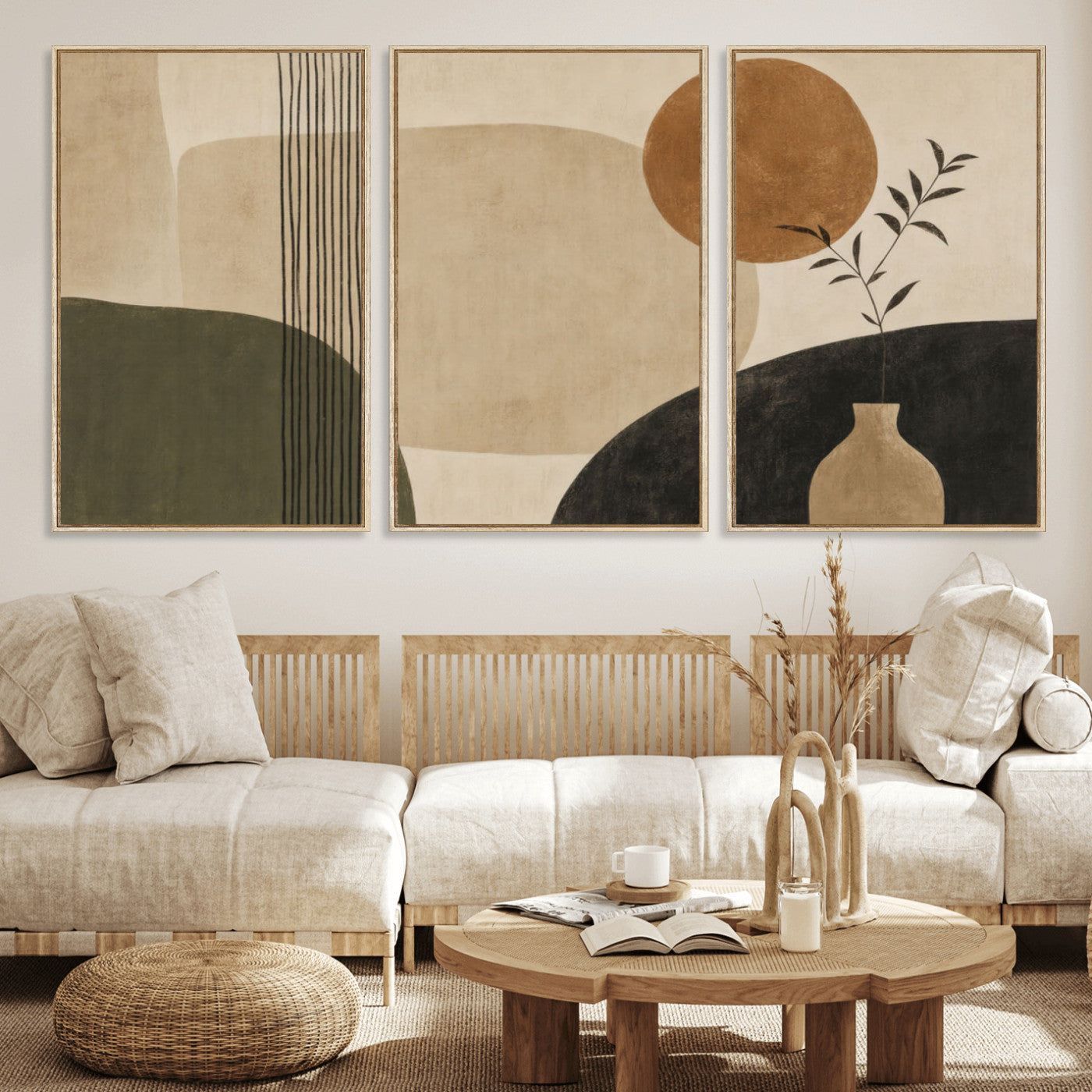 85289499-MGV-CV-60X30-3P - Boho Abstract Sun Canvas Wall Art, Minimalist Sage Green Botanical Print