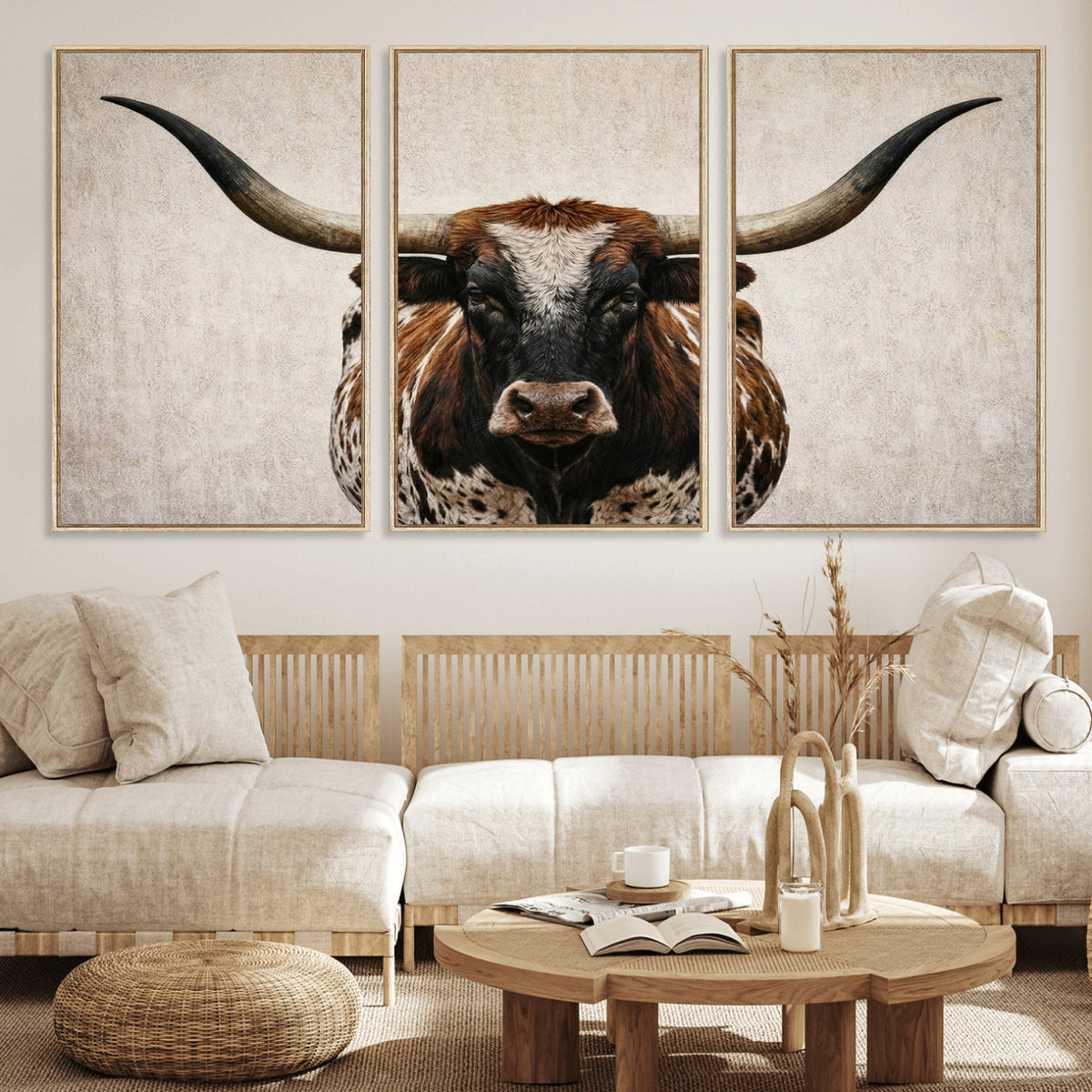 58622065-MGV-CV-36X24 - Texas Longhorn Canvas Wall Art Western Bull Desert Moody Grey Overcast Rustic Farmhouse Framed Large for Living Room Bedroom Office Decor