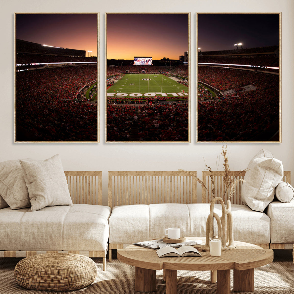 97720998-_Poster-30x20 - Georgia Bulldogs Stadium Sunset Canvas Print 3 Piece Framed Wall Art Extra Large Floating Frame Sports Poster Made in USA