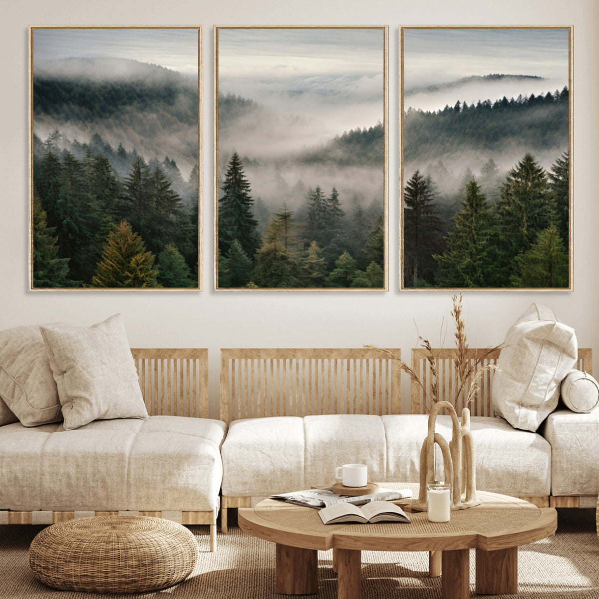 38409495-_Poster-30x20 - Misty Pine Valley Mountain Canvas Print 3 Piece Framed Wall Art Extra Large Floating Frame Nature Poster Made in USA