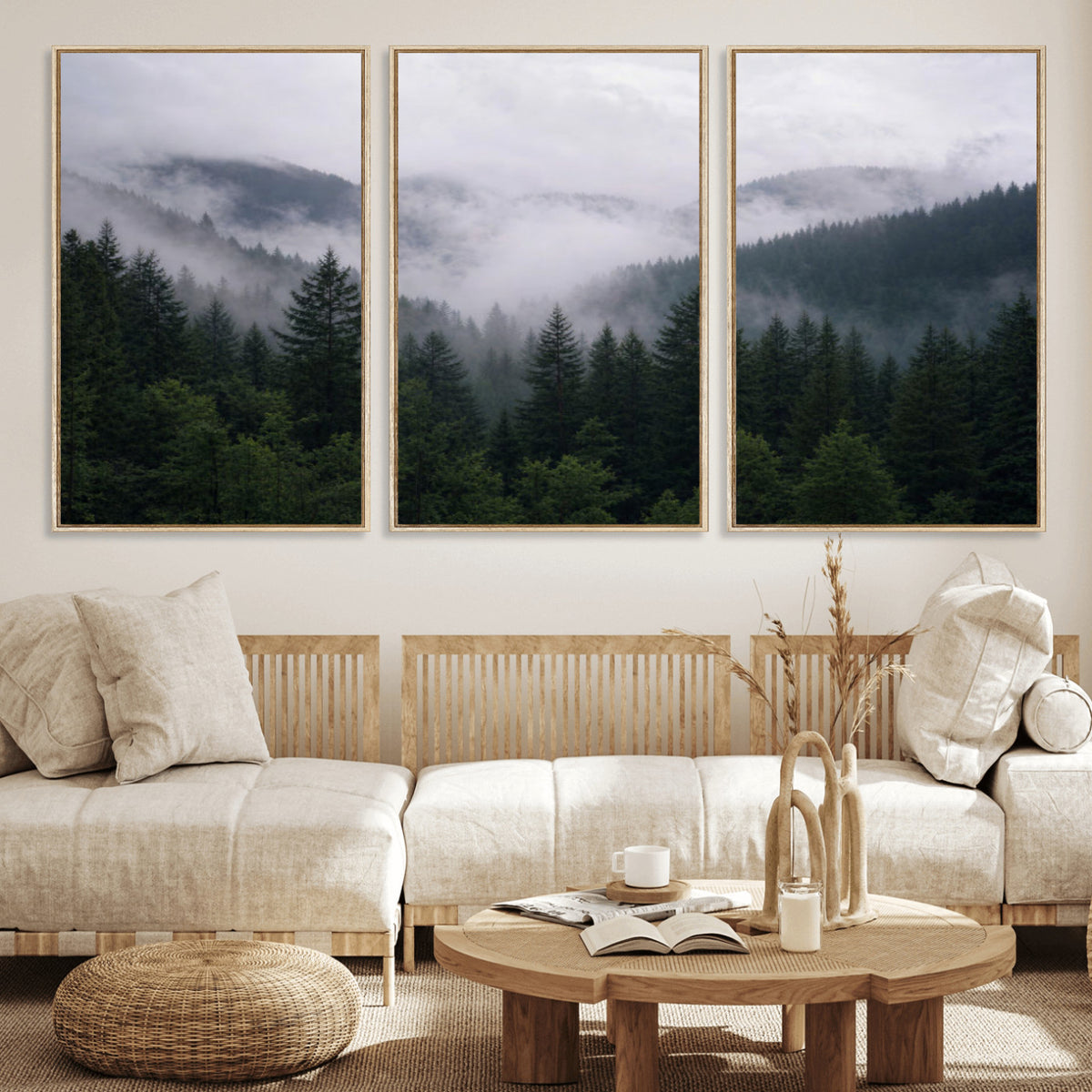 25432119-_Poster-30x20 - Misty Mountain Pine Forest Canvas Print 3 Piece Framed Wall Art Extra Large Floating Frame Nature Poster Made in USA