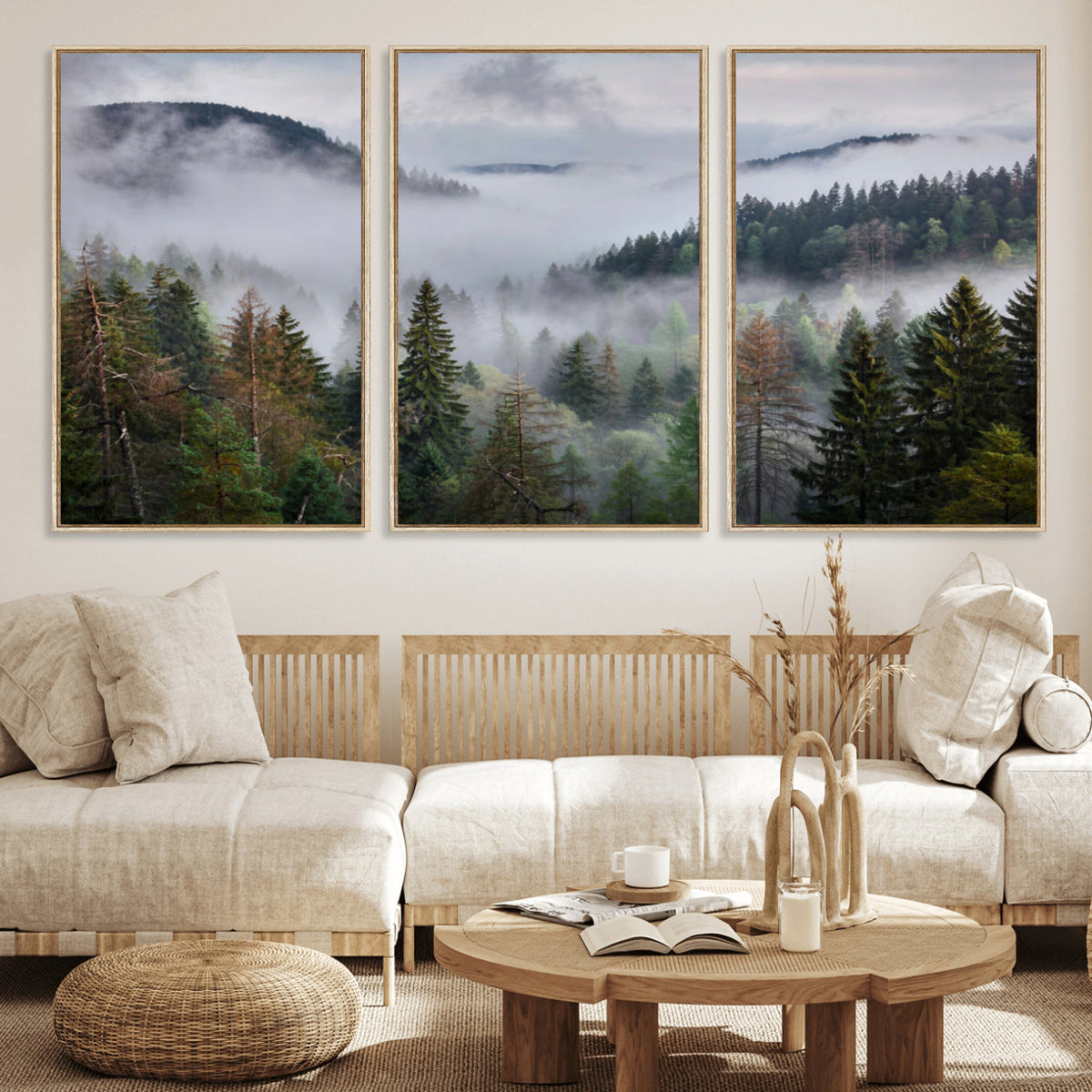 18735847-_Poster-30x20 - Foggy Pine Forest Mountain Canvas Print 3 Piece Framed Wall Art Extra Large Floating Frame Nature Poster Made in USA