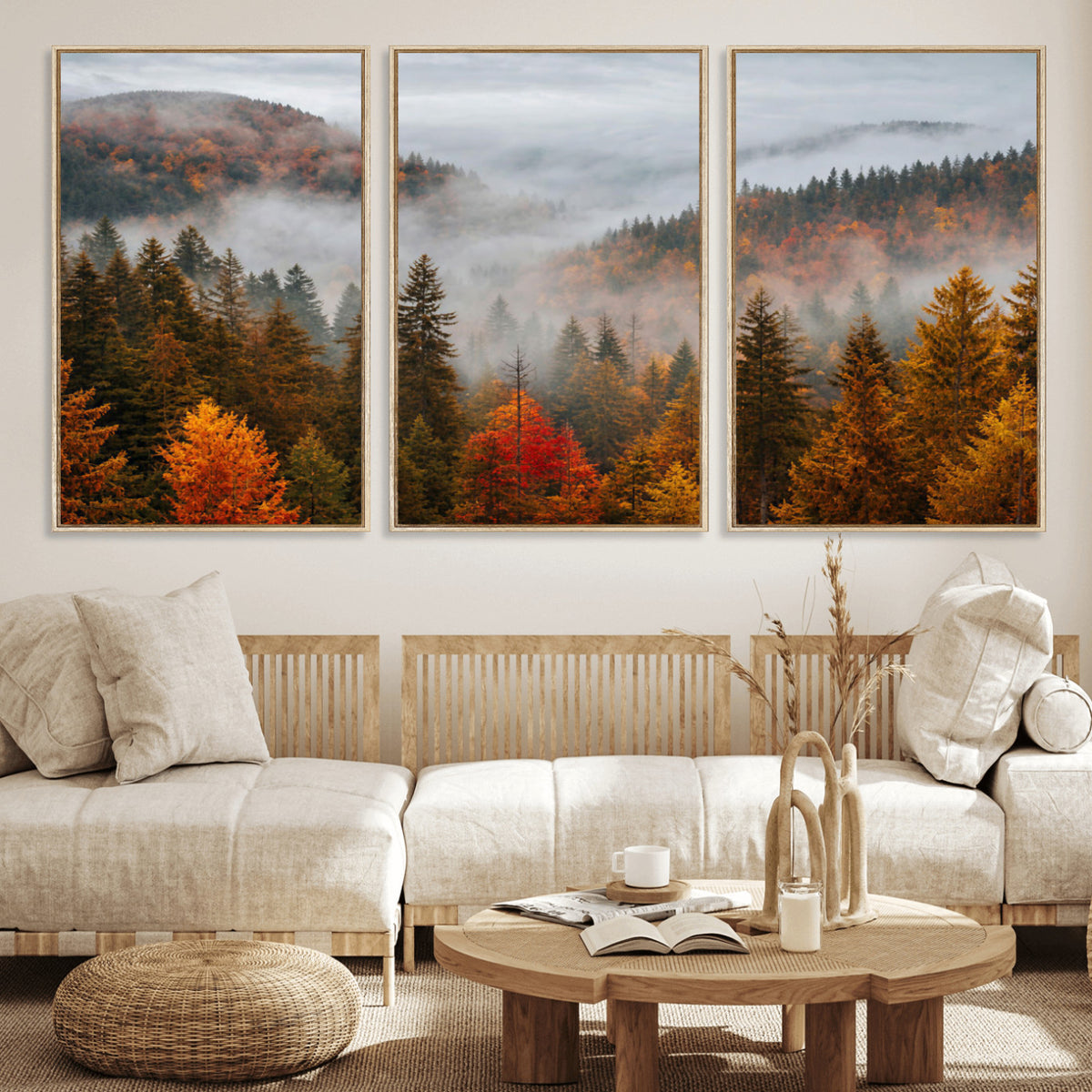 87481341-_Poster-30x20 - Foggy Autumn Mountain Canvas Print Smoky Pine Forest Wall Art Panoramic Nature Poster 3 Piece Made in USA