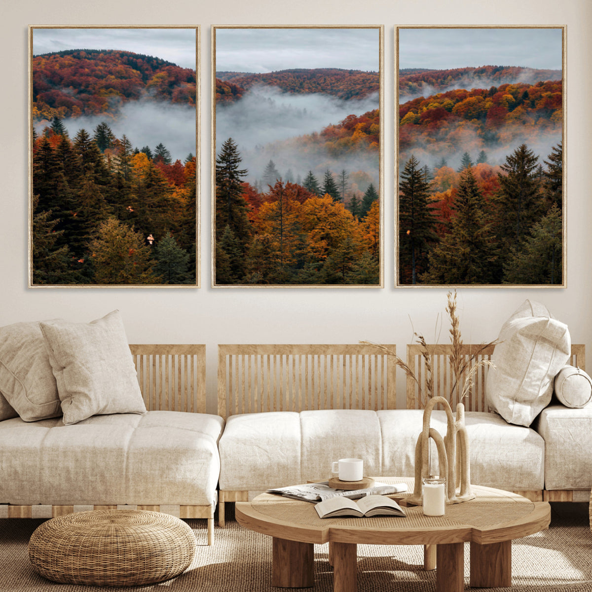 26686263-_Poster-30x20 - Misty Autumn Forest Mountain Canvas Print 3 Panel Wall Art Gallery Wrapped Floating Frame Poster Made in USA