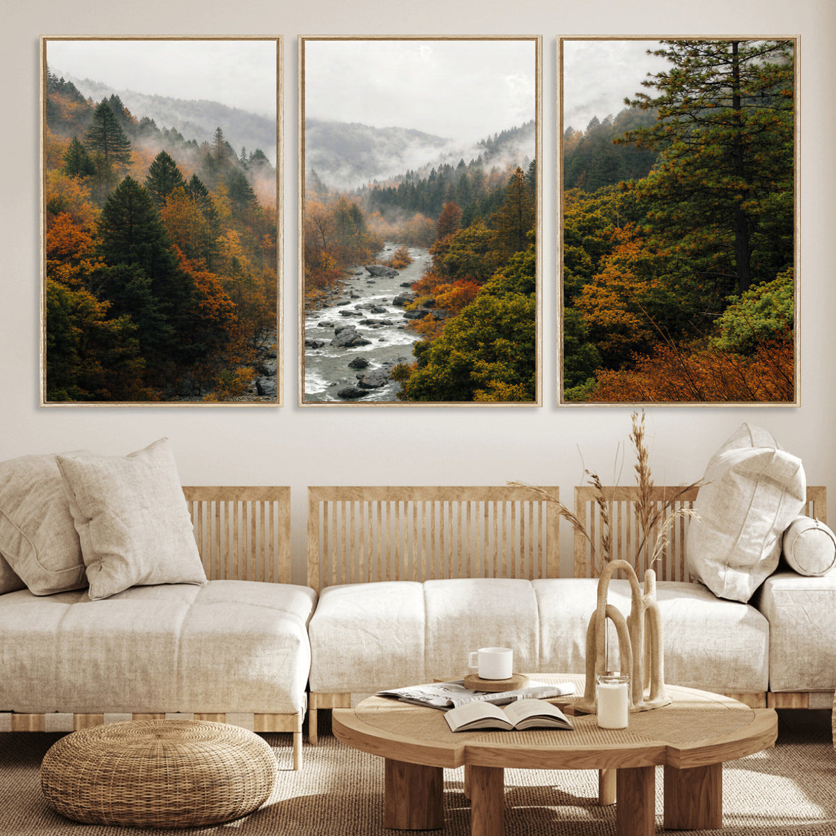 95540697-MGV-TP-30X20 - Misty River Mountain Valley Canvas Wall Art - Autumn Forest Landscape Nature Print
