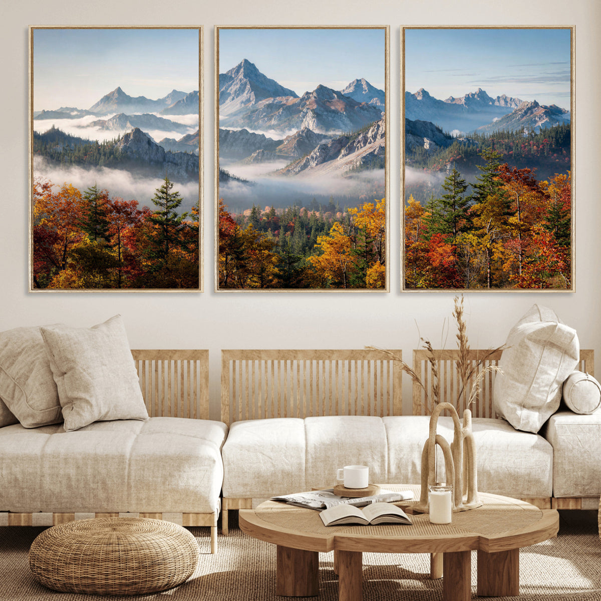 38847944-MGV-TP-30X20 - Majestic Mountain Peak Canvas Wall Art - Panoramic Autumn Forest Fog Landscape Print