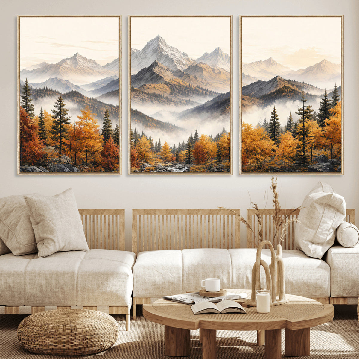 21309099-MGV-TP-30X20 - Extra Large Misty Mountain Autumn Forest Canvas Wall Art - Watercolor Fall Nature Landscape Print