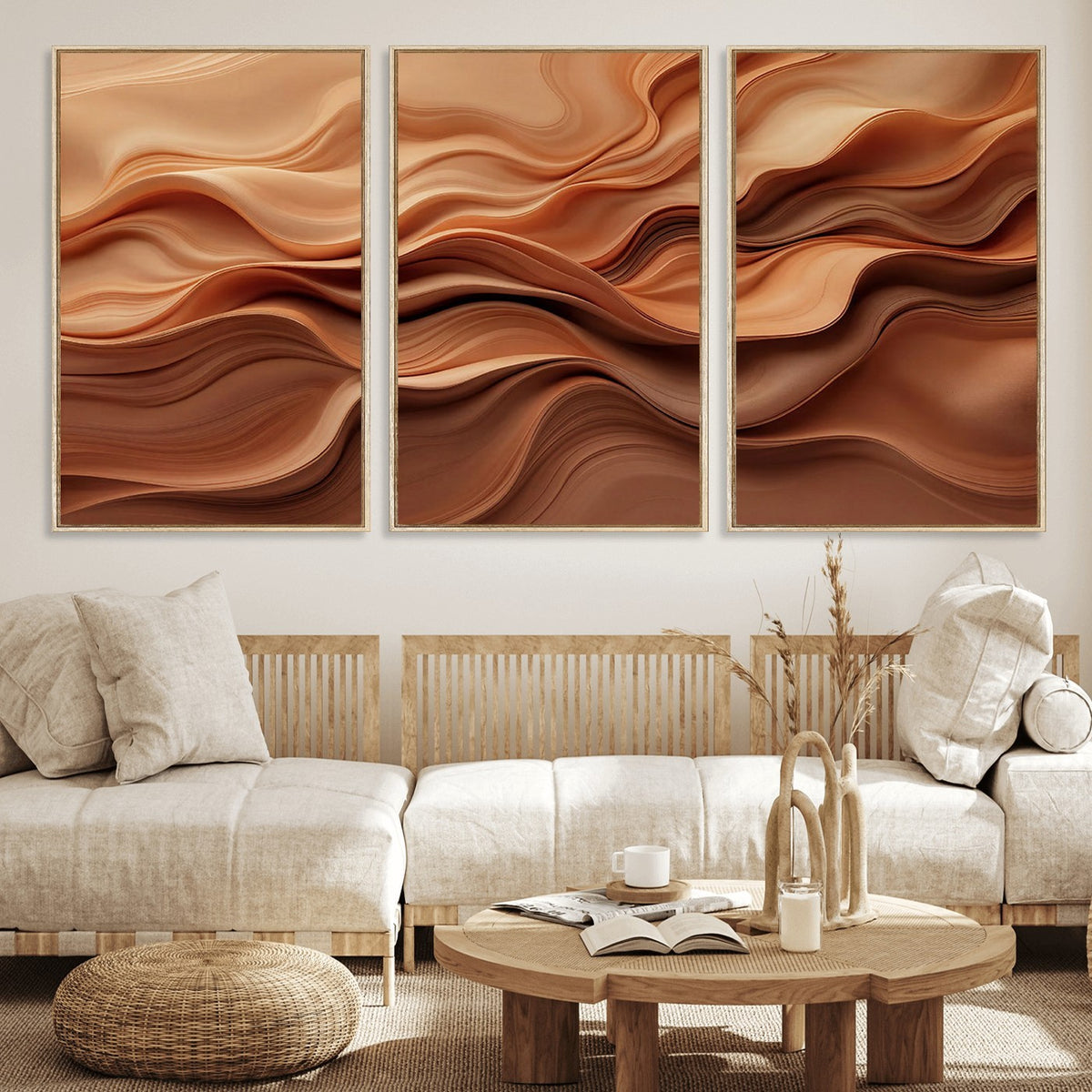 82230697-_Poster-30x20 - Modern Abstract Fluid Waves Canvas Wall Art - Minimalist Warm Terracotta Beige Sand Print
