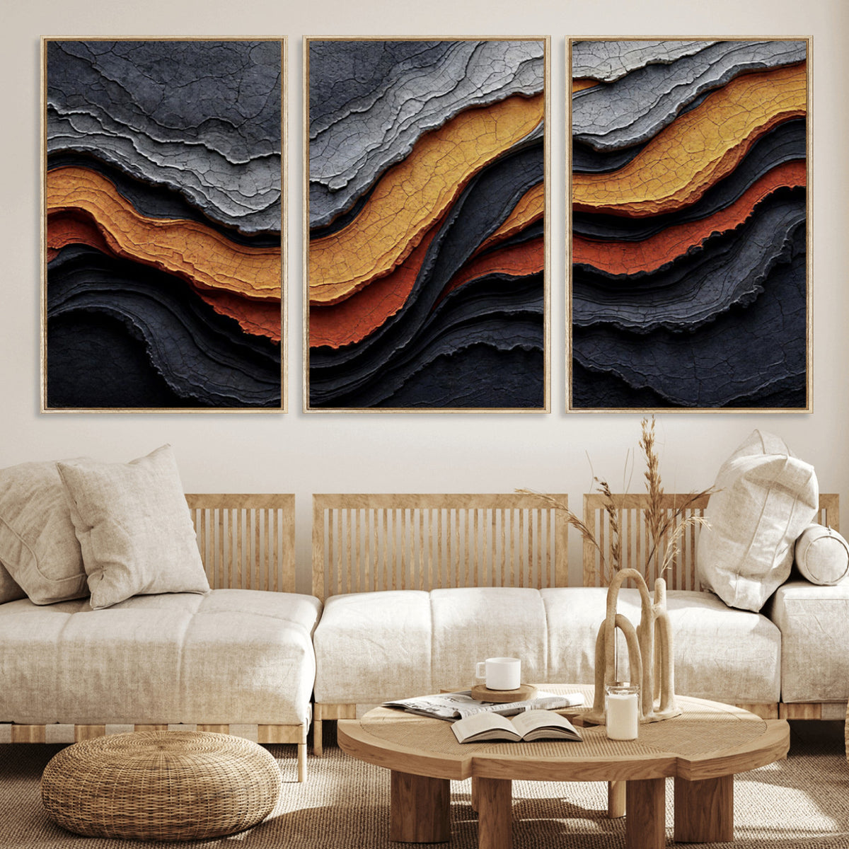 59852489-MGV-CV-36X24 - Abstract Waves Canvas Wall Art - Modern Terracotta and Charcoal Gray Print