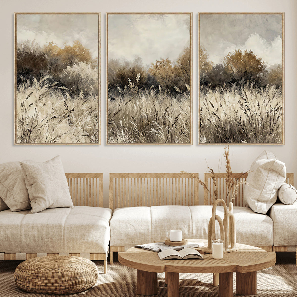 53959945-MGV-TP-30X20 - Muted Neutral Forest Landscape Canvas Wall Art - Vintage Rustic Wildflower Meadow Print