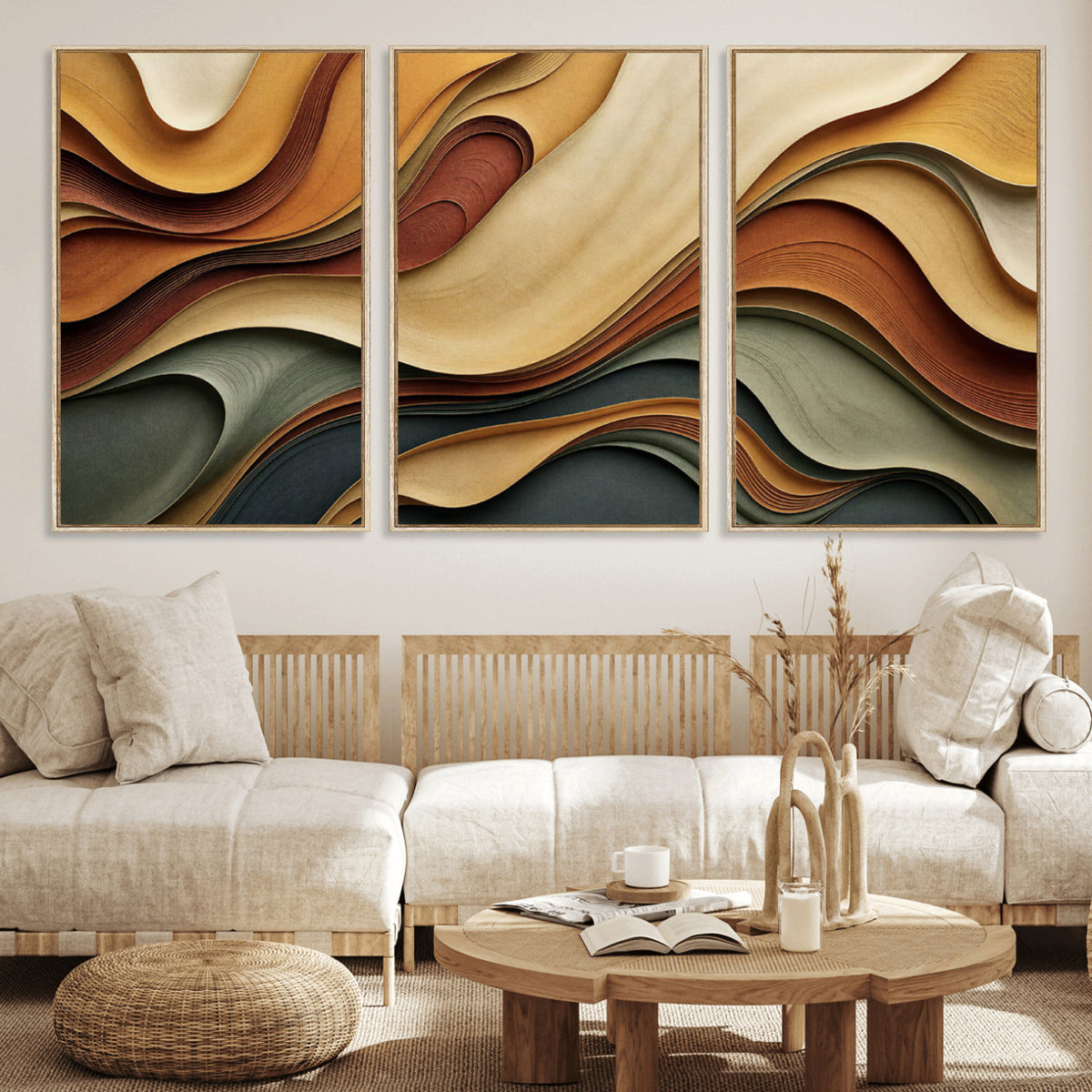 19337902-MGV-CV-36X24 - Modern Abstract Waves Canvas Wall Art - Minimalist Earthy Tone Living Room Decor
